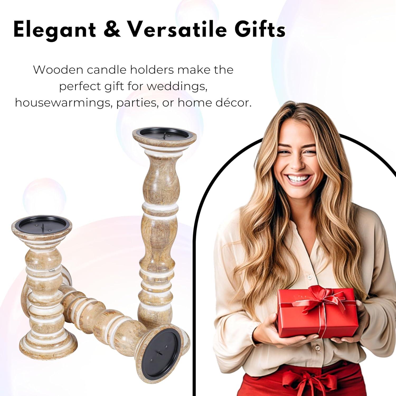 DecMode Traditional and Timeless Mango Wood Pillar Candle Holder Set of 3, 6", 8", 10"H, Cream Finish