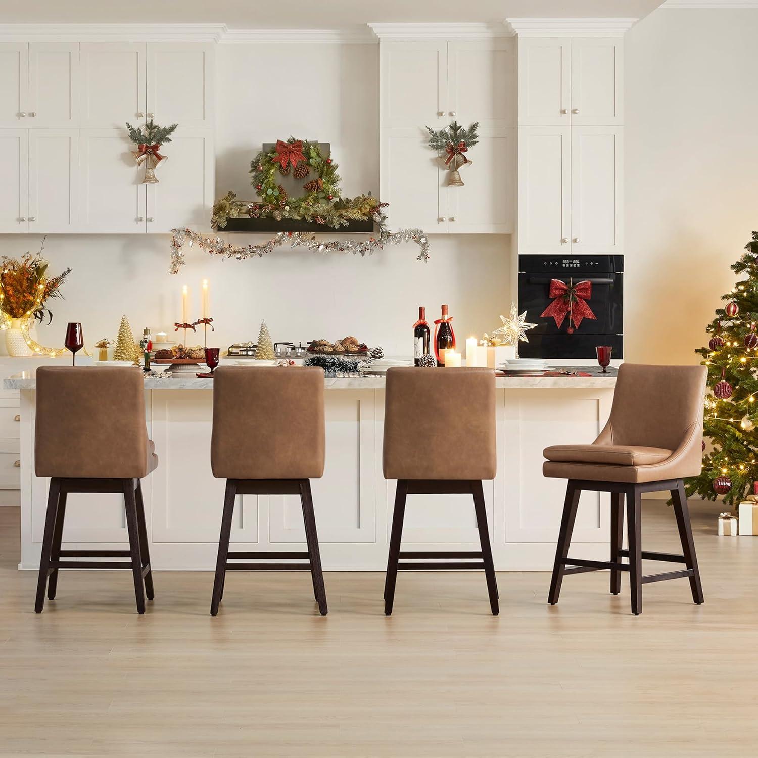 Fiona 26.8 in. Saddle Brown High Back Solid Wood Frame Swivel Counter Height Bar Stool with Faux Leather Seat(Set of 2)