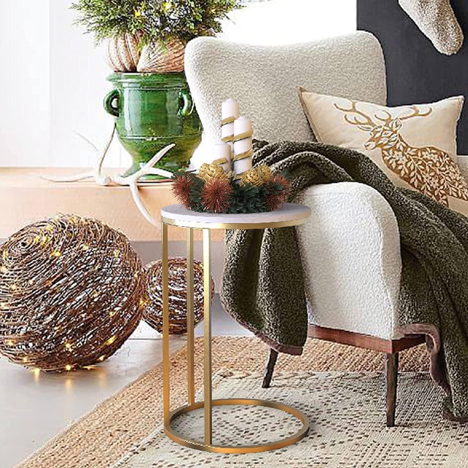 Modern 16 in Gold C-Top Faux Marble Side Table