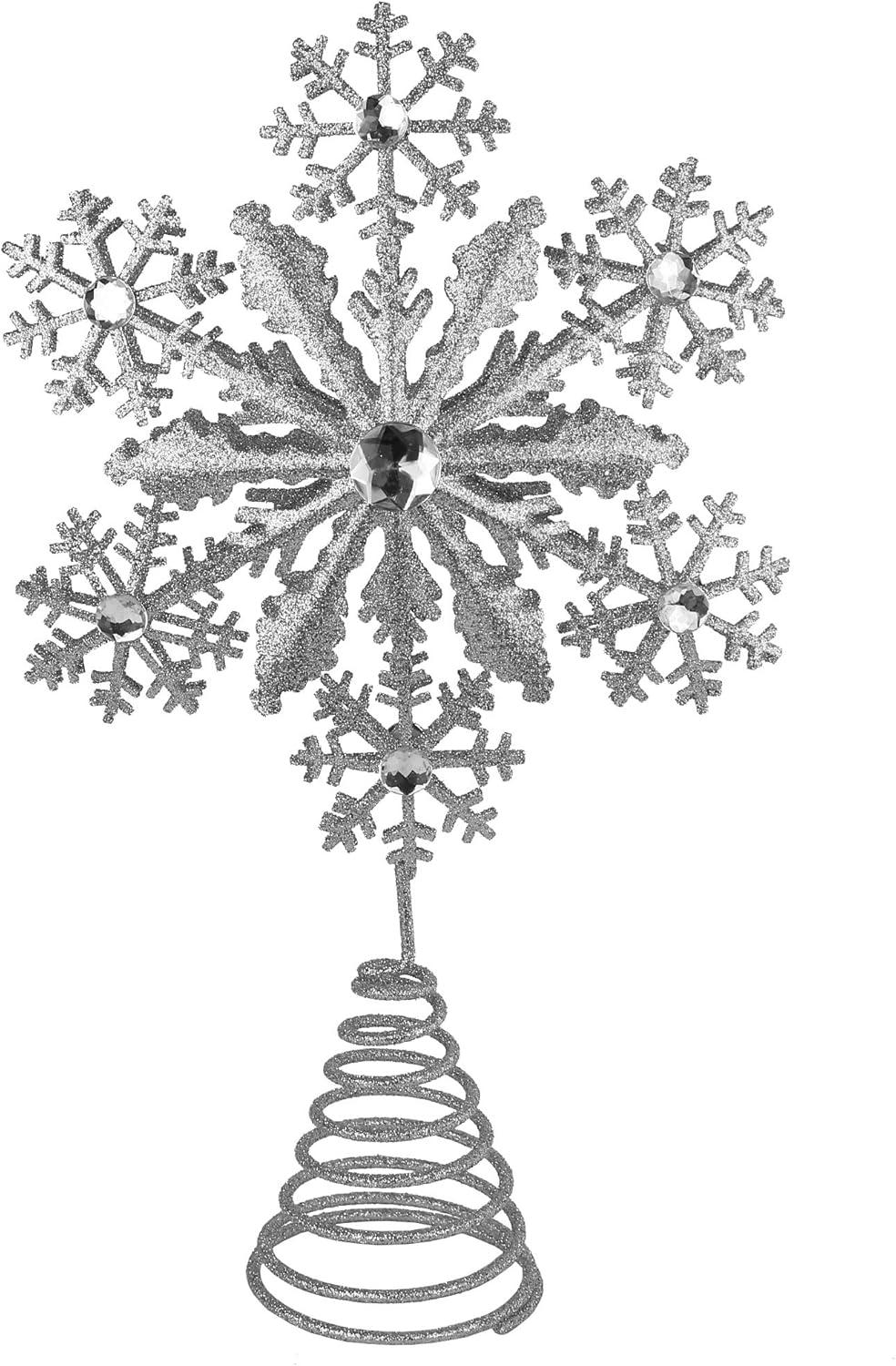 Silver Glitter Snowflake Metal Tree Topper with Gems