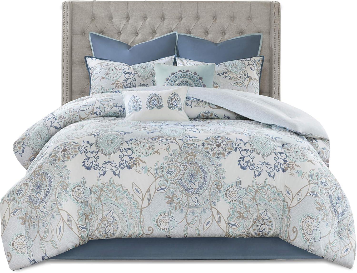 Madison Park 8pc King Lian Cotton Printed Reversible Comforter Set Blue: Percale Weave, OEKO-TEX Certified