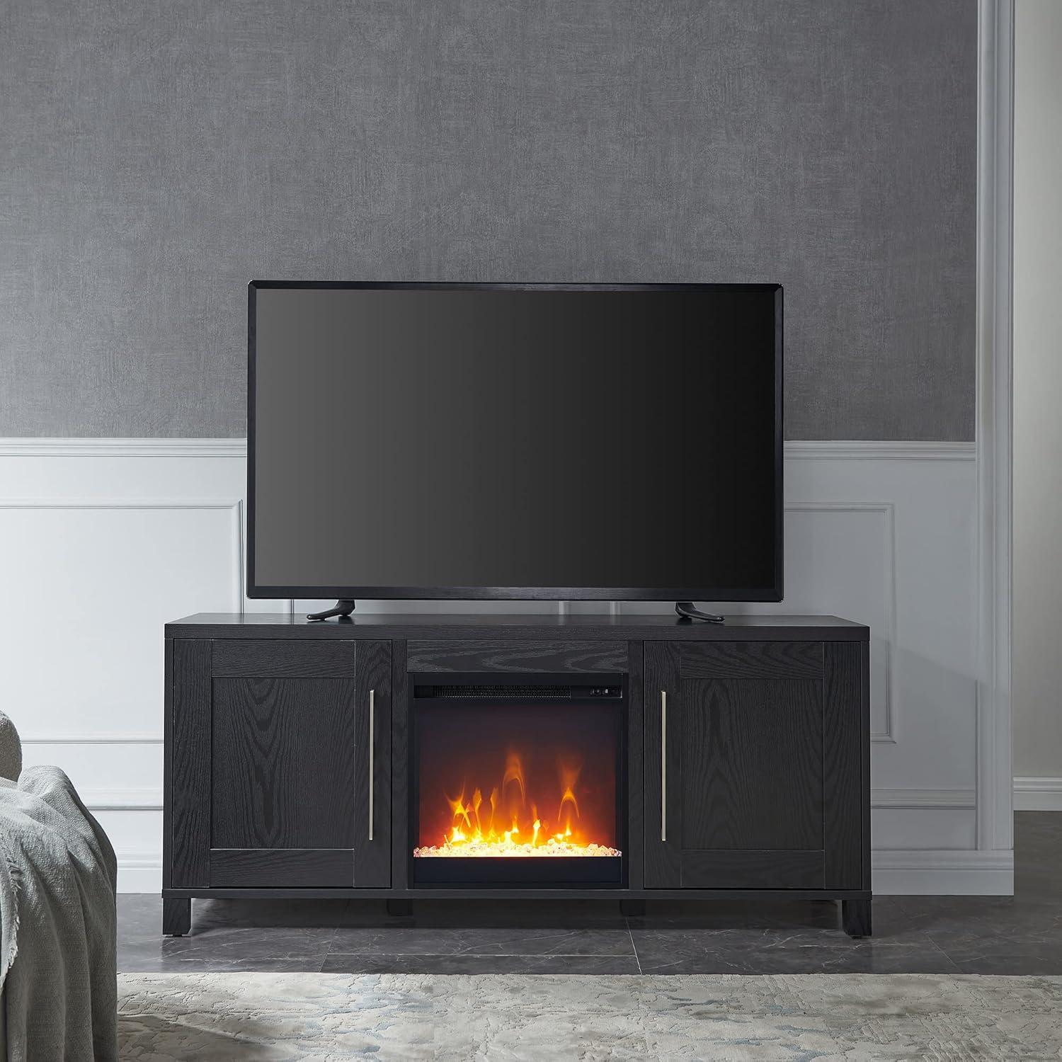 Evelyn&Zoe Chabot Rectangular TV Stand with Crystal Fireplace for TV's up to 65" in Black Grain