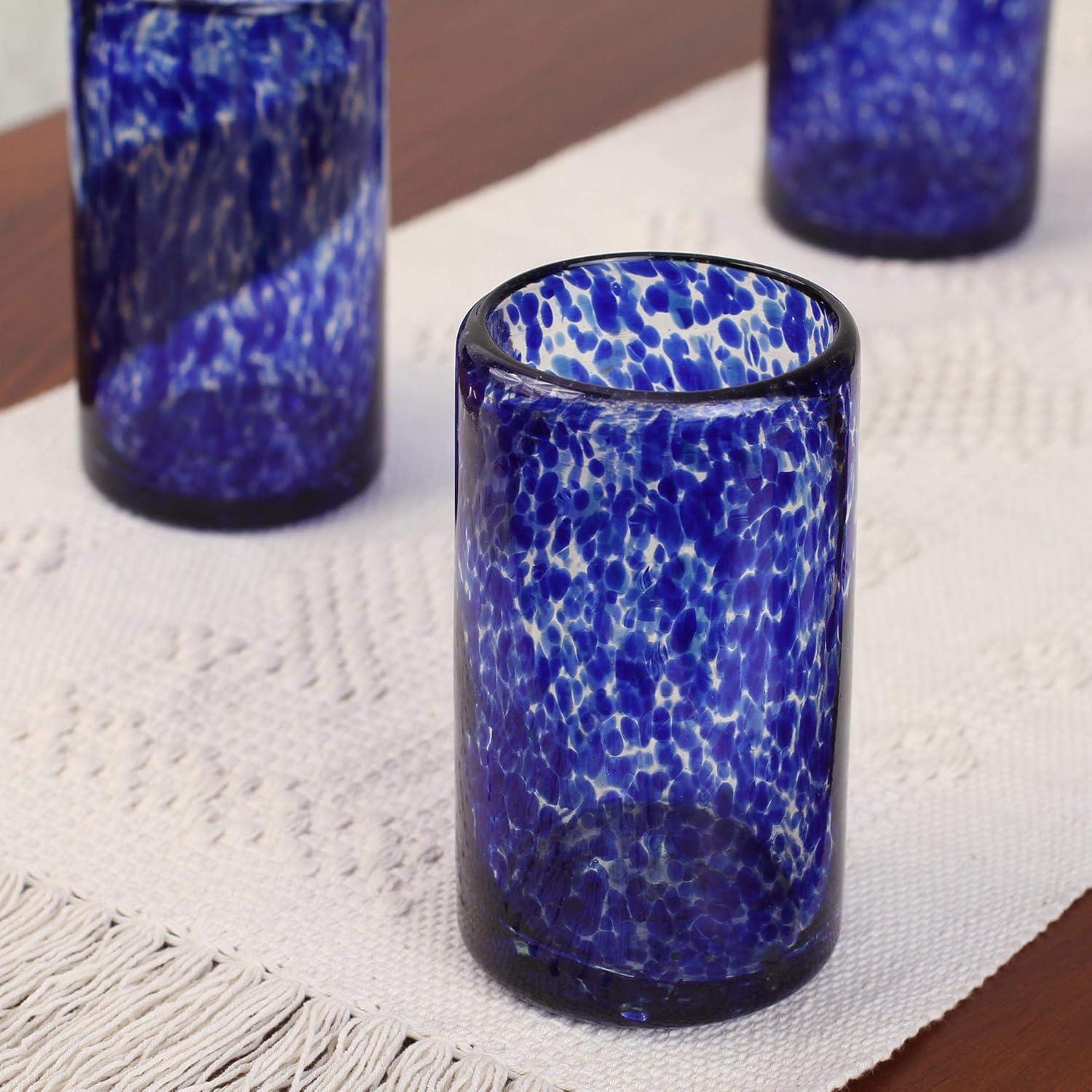 Handcrafted Cobalt Blue Confetti Recycled Glass Juice Tumblers, Set of 6