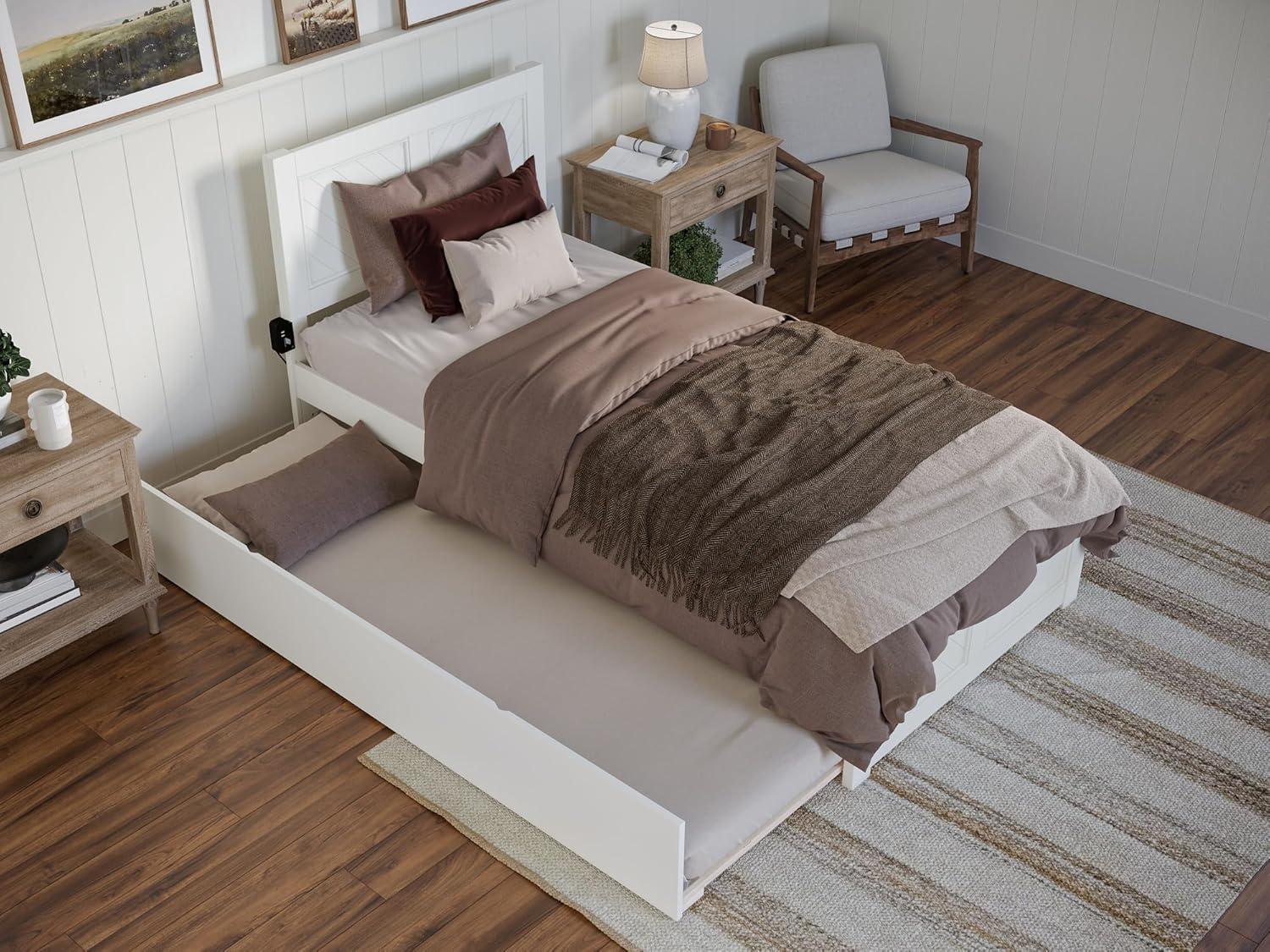 White Twin XL Wood Platform Bed with Trundle and Headboard