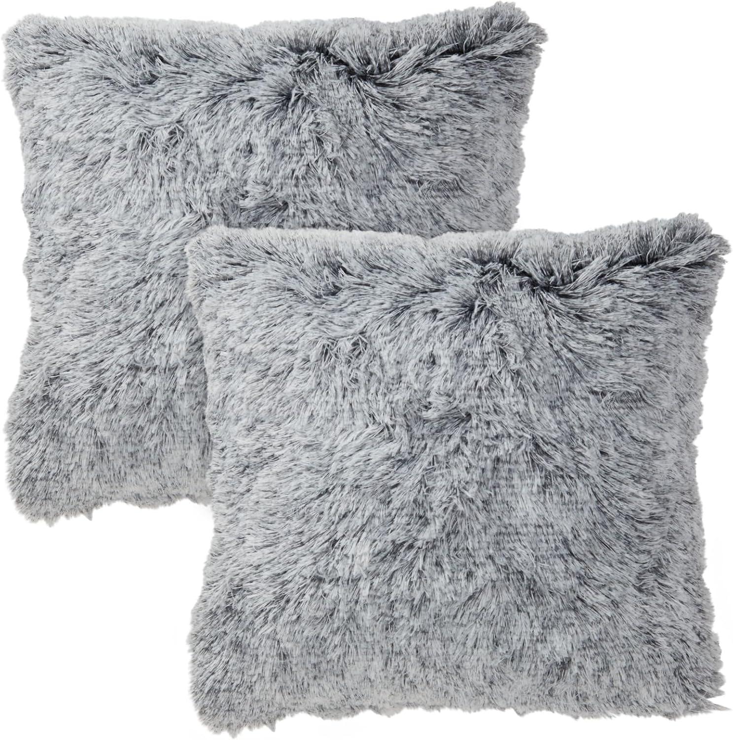 Gray Faux Fur 18x18 Euro Throw Pillow Covers, Set of 2