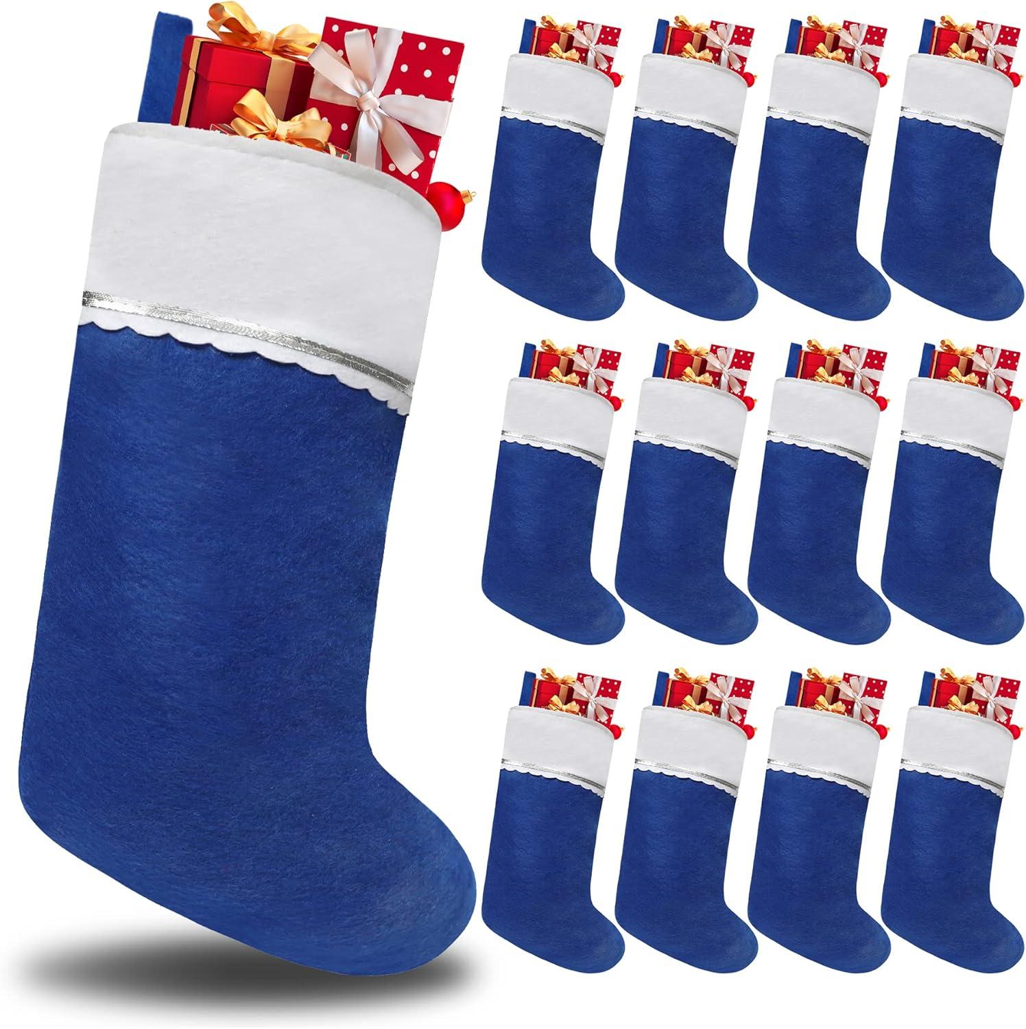 12 Pack Blue and White Felt Christmas Stockings with Silver Trim