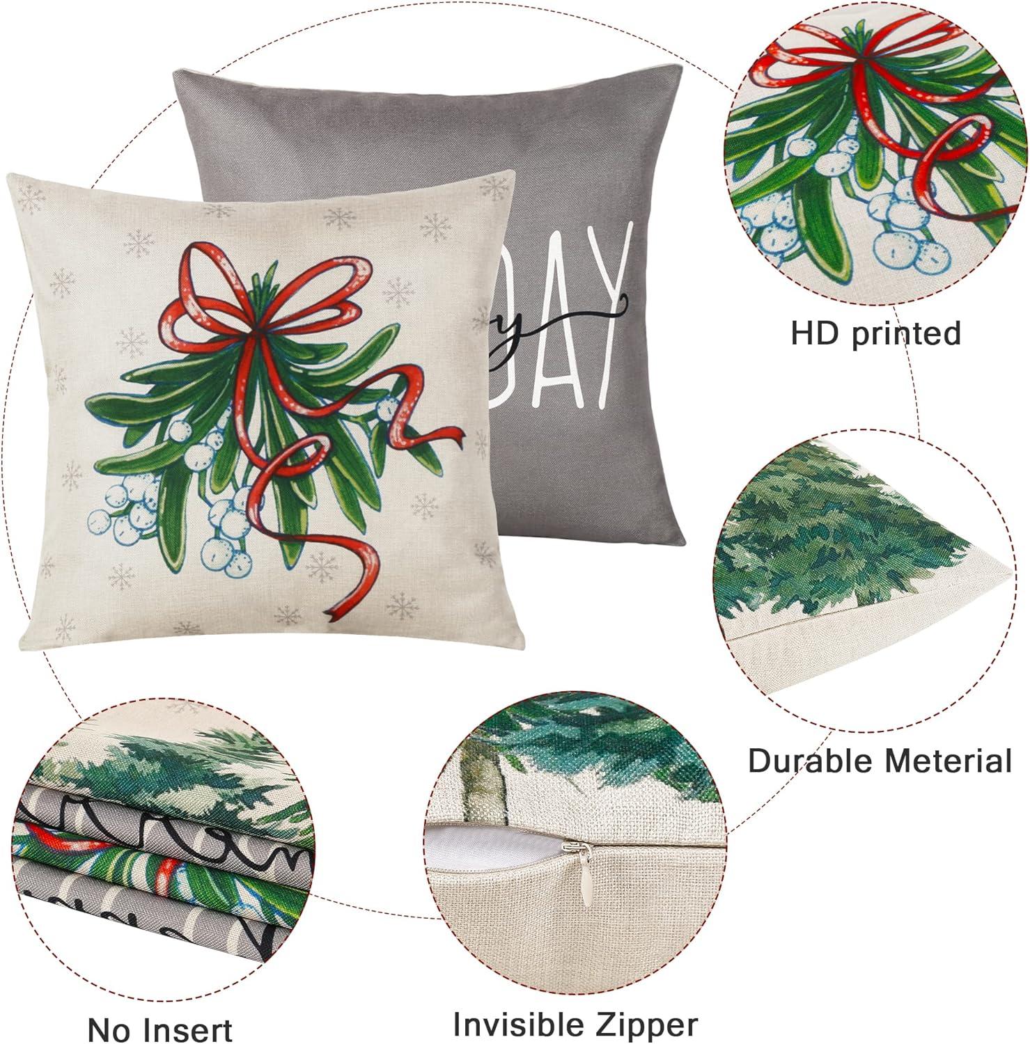 Christmas Pillow Covers 18 x 18 Inch Set of 4  Grey Merry Xmas Tree Snow Hello Winter Decorative Throw Pillowcases Farmhouse Holiday Pillow Cases Decoration for Sofa Couch AA273-18