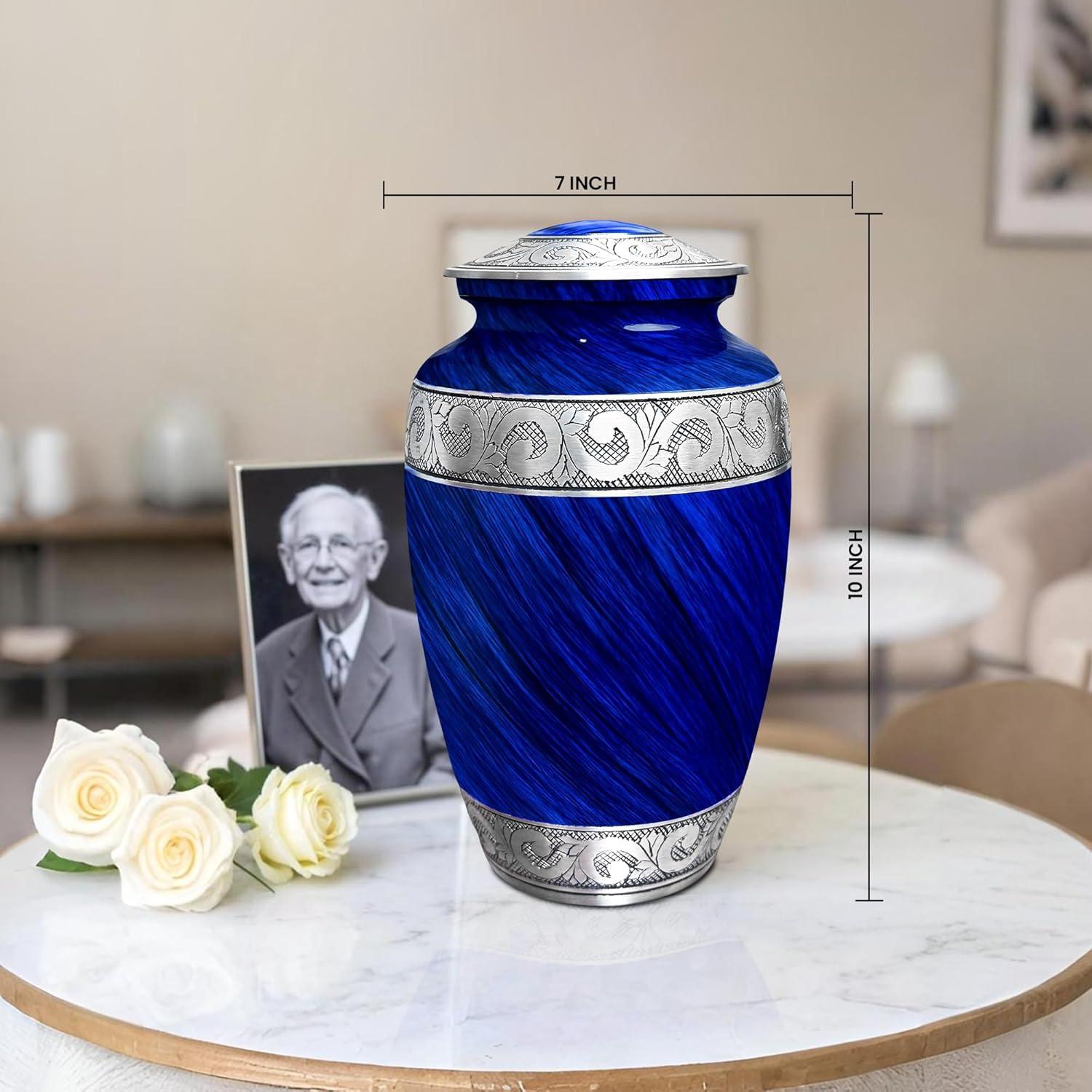 Hand-Engraved Blue Metal Urn with Necklace for Ashes