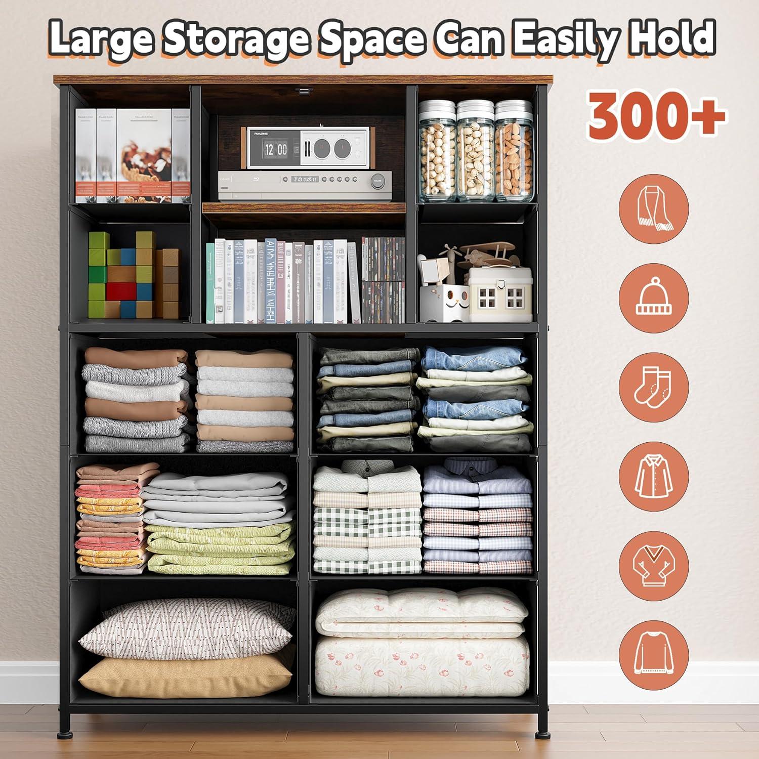 ASDRFYU Dresser Tall Dressers for Bedroom with Mesh Door Dressers & Chests of Drawers with 10 Fabric Drawer Dresser Organizer Metal Frame Wood Top for Closet Entryway Black 38" Wx