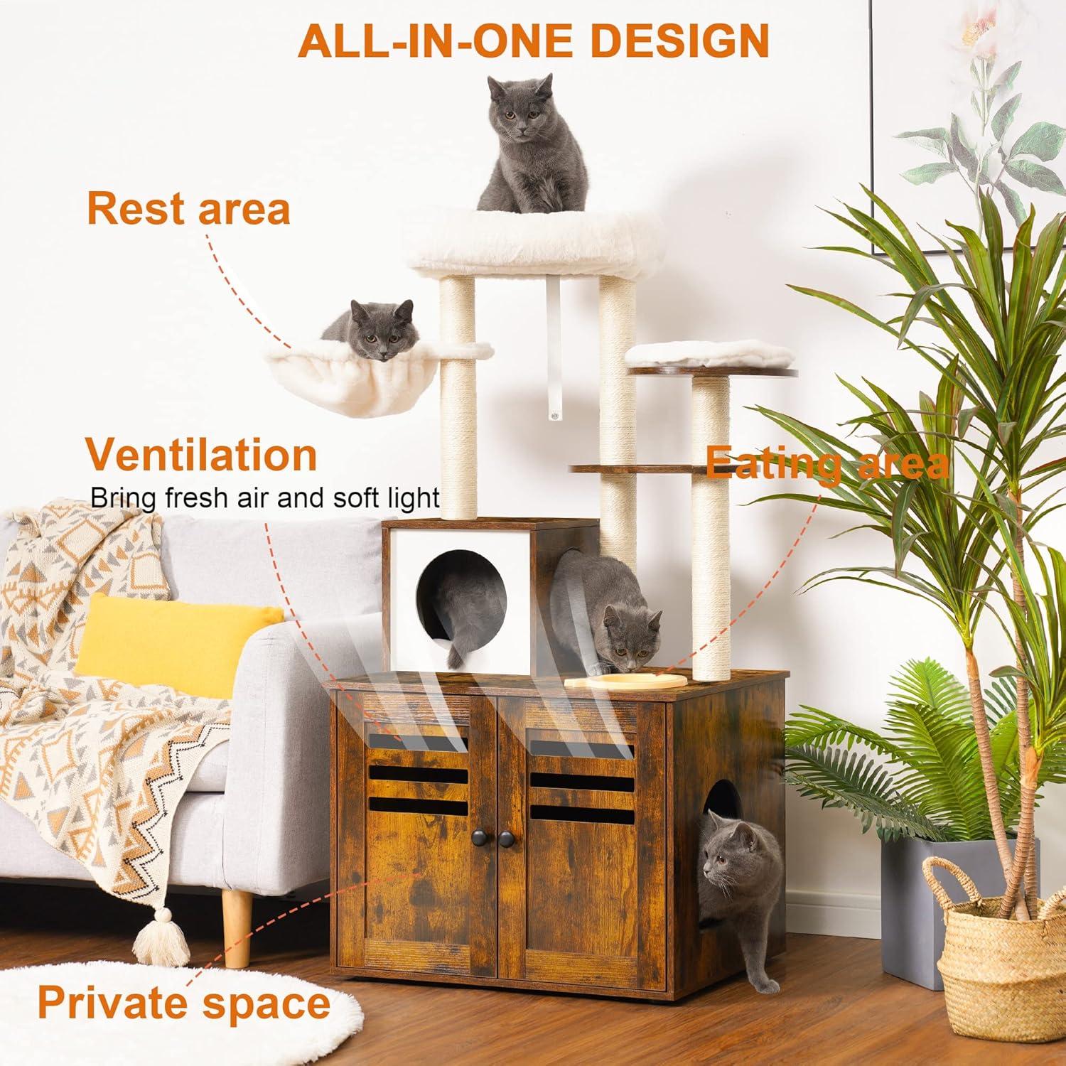 Wood Litter Box Enclosure with Food Station, All-in-one Indoor Cat Furniture with Large Platform and Condo