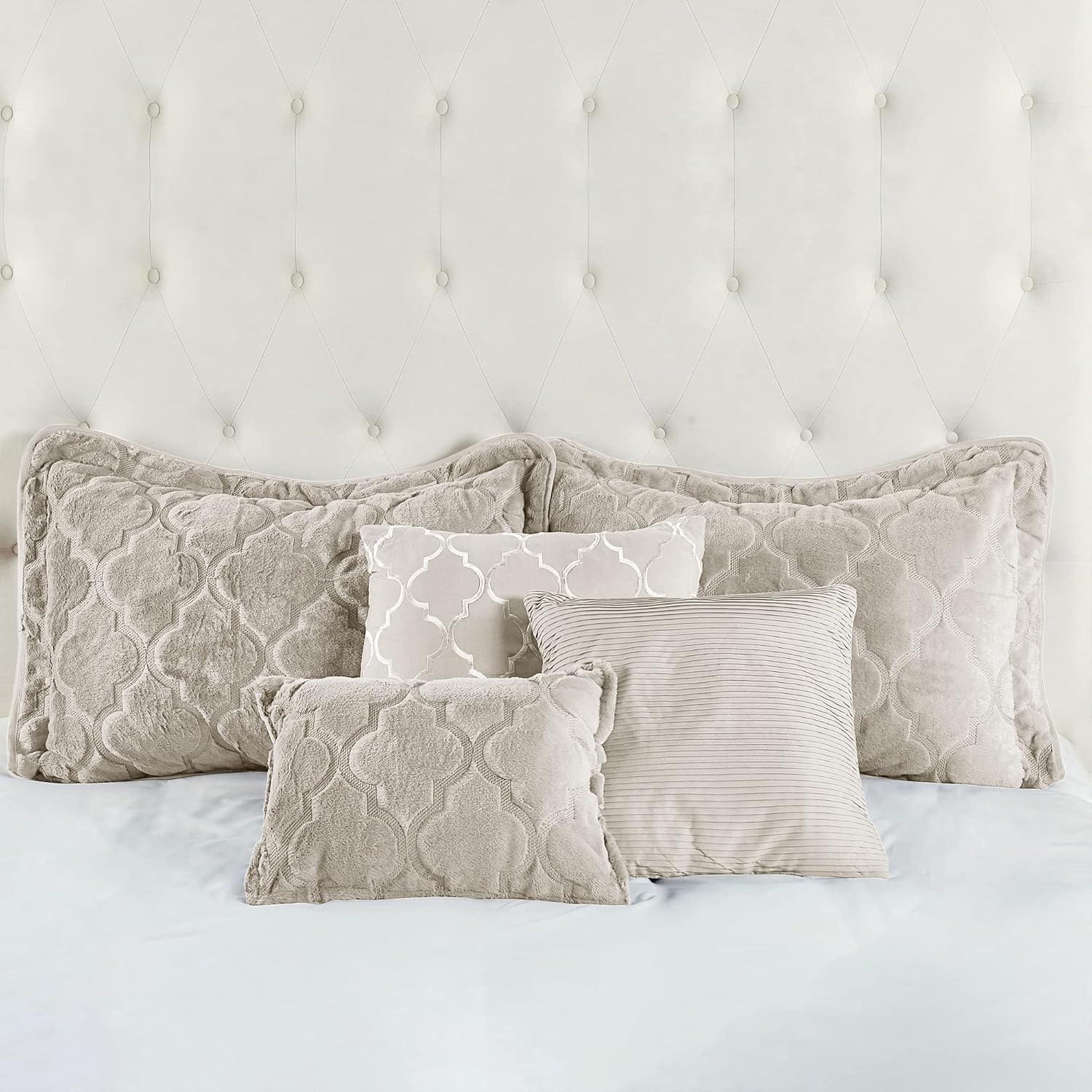 Serenta Faux Fur Ogee Embroidery 7 Piece Bedspread Quilts Set, King, Taupe