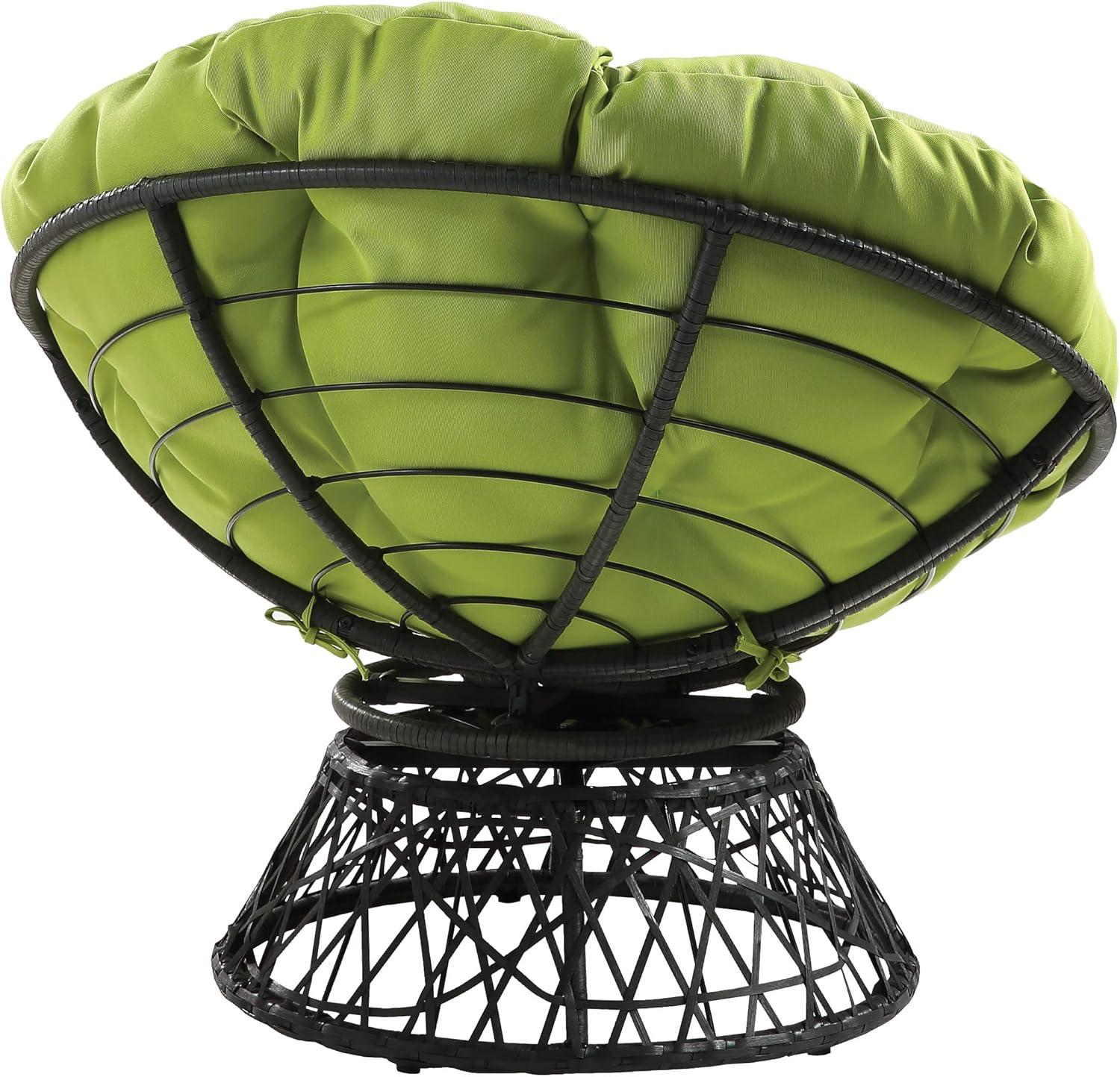 Papasan Chair with Green Fabric cushion and Black Resin Wicker Frame