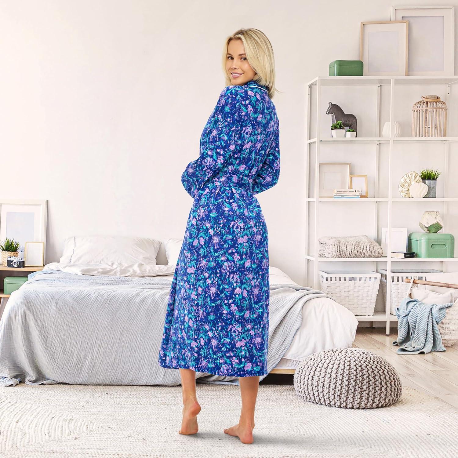 Purple Floral Cotton Knit Jersey Lounge Robe with Pockets