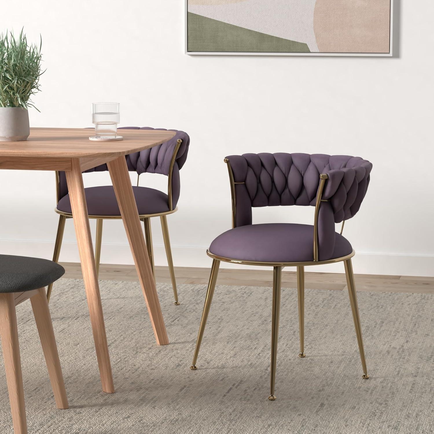 Purple Velvet Upholstered Dining Chairs with Gold Metal Legs, Set of 2