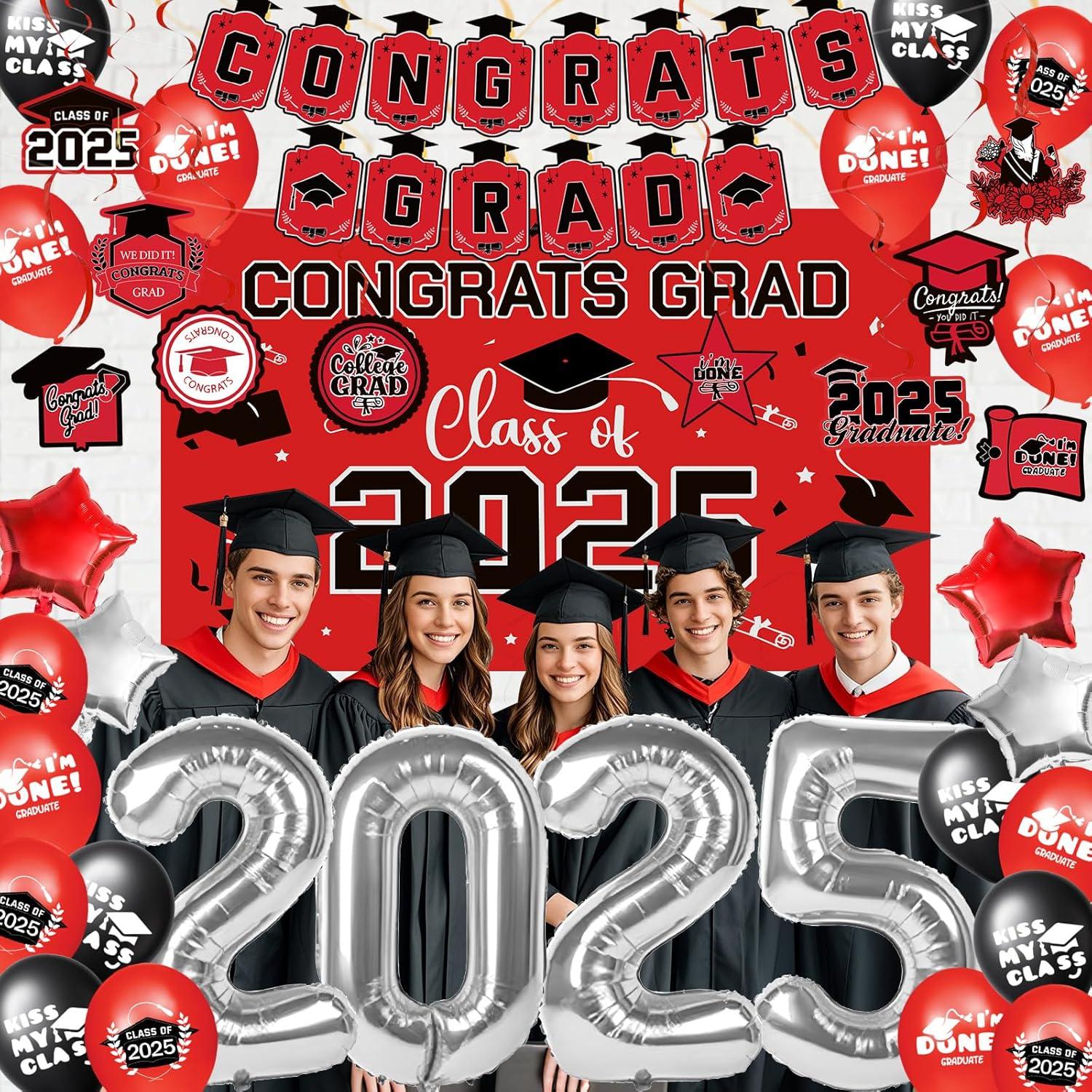 2025 Graduation Party Decoration, Red Gold Themed Set with Congrats Grad Banner, Balloons, Foil Number 2025 for Class of 2025 Graduation Party Supplies