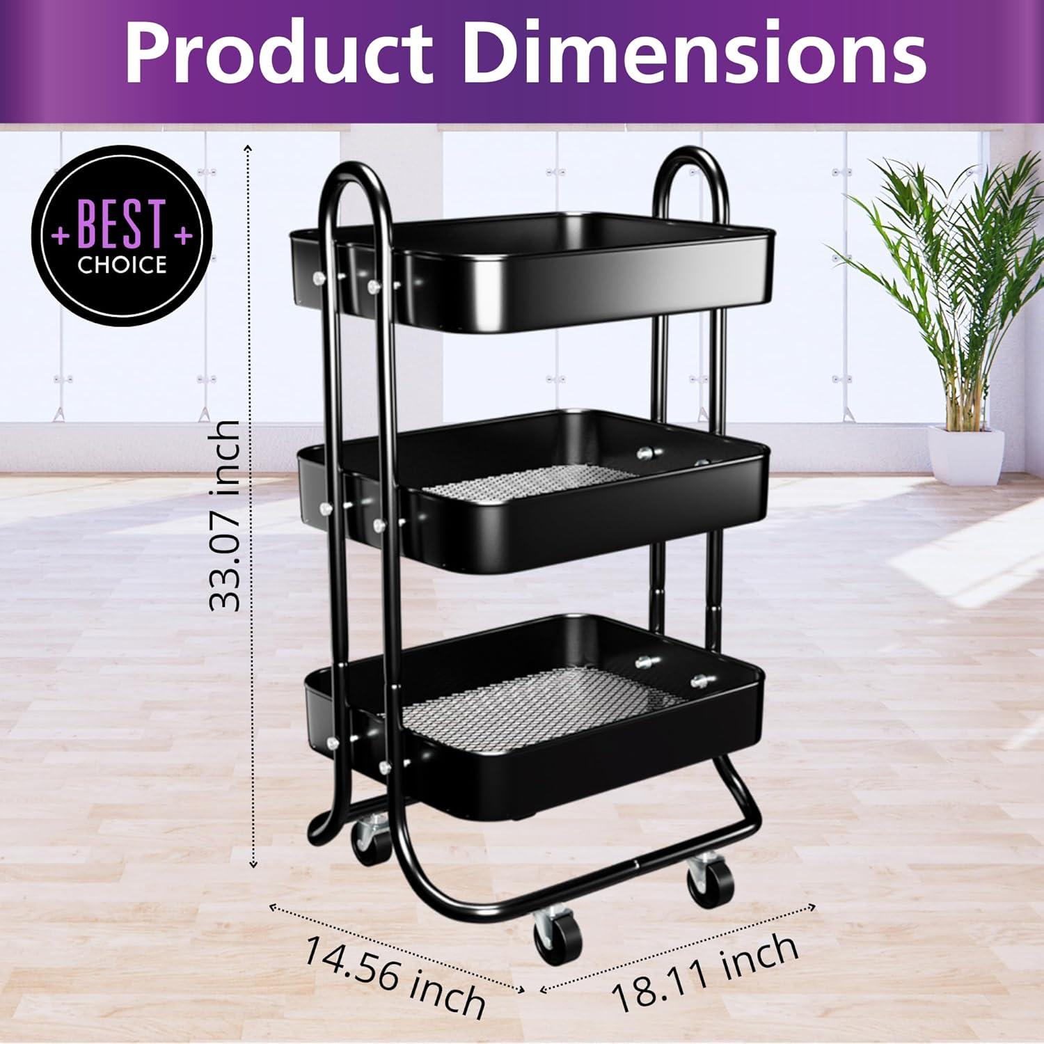 Black 3-Tier Metal Rolling Storage Cart with Wheels