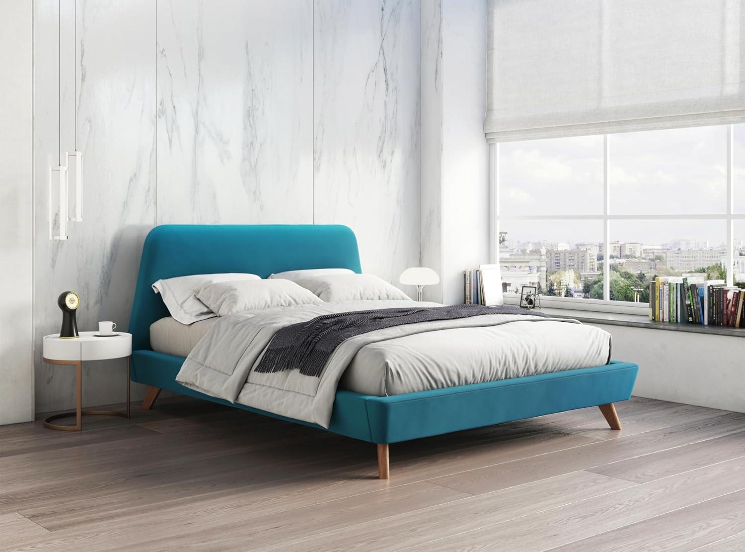 Omax Decor Henry Wood and Fabric Upholstered Queen Platform Bed in Blue