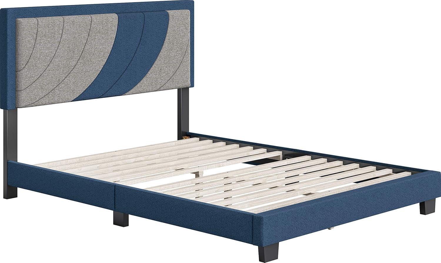 King Blue and Gray Linen Upholstered Platform Bed with Tufted Headboard