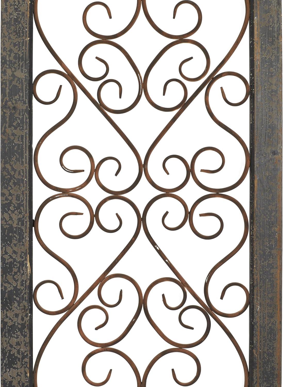 Olivia & May Traditional Wood Scroll Window Inspired Wall Decor with Metal Scrollwork Relief Brown: Vertical Iron Frame, Carved Art Object