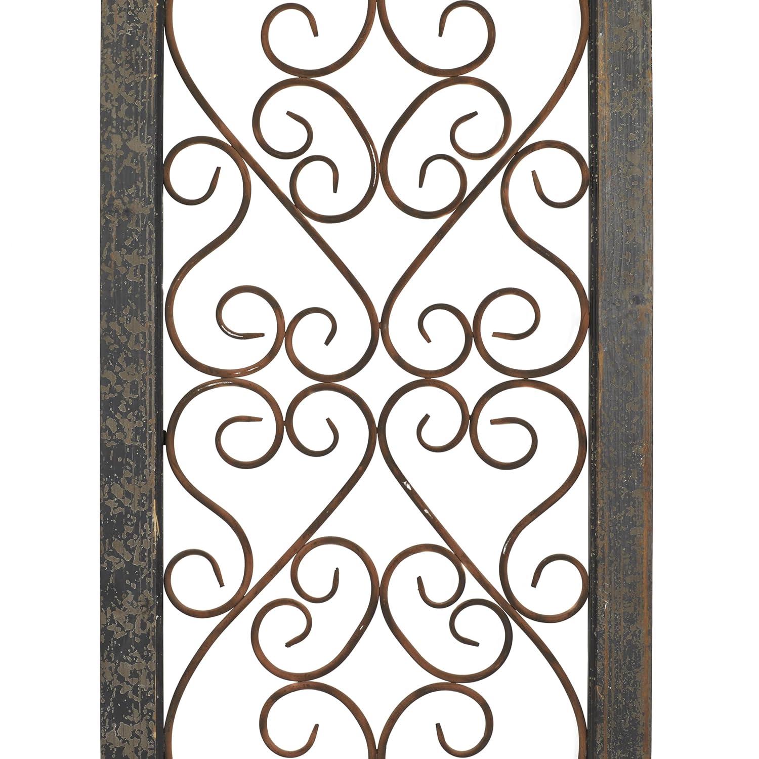 Olivia & May Traditional Wood Scroll Window Inspired Wall Decor with Metal Scrollwork Relief Brown: Vertical Iron Frame, Carved Art Object