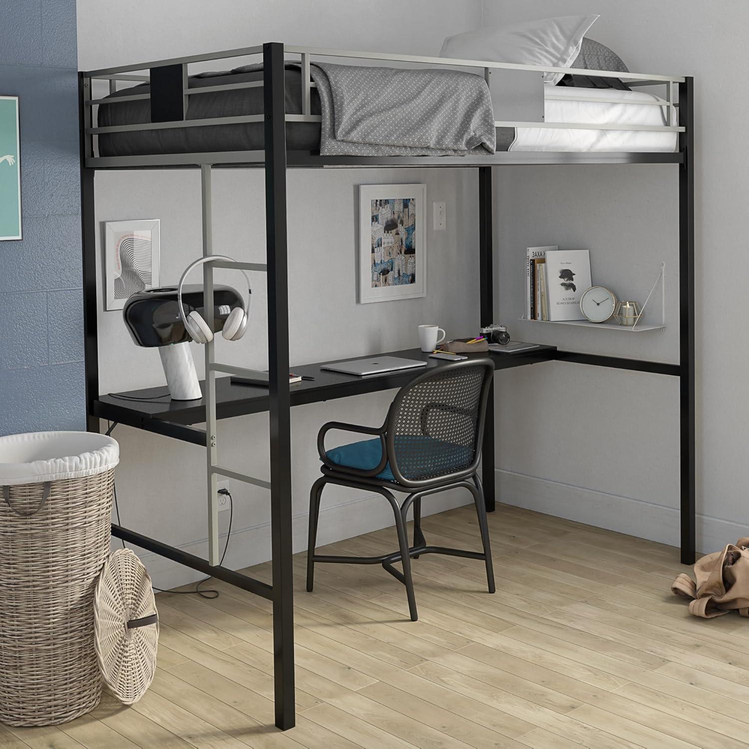 Silver Twin Loft Bed with Desk and Ladder