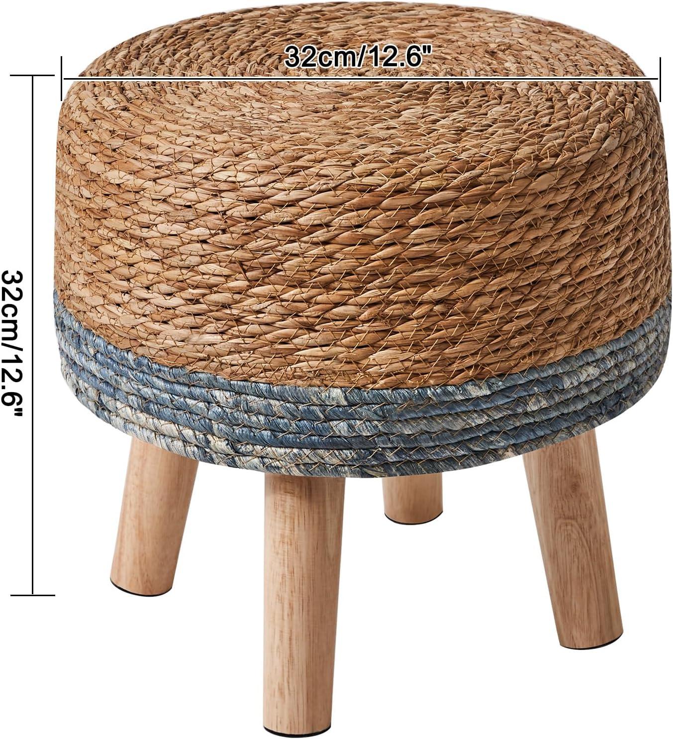 YMYNY Foot Stool Natural Seagrass Hand Weave, 12.6" Small Ottoman, Round Footrest for Living Room, Bedroom, Entryway, Change Shoes Stool, Non-Skid Wood Legs, Boho, Blue+White UHBD027QW