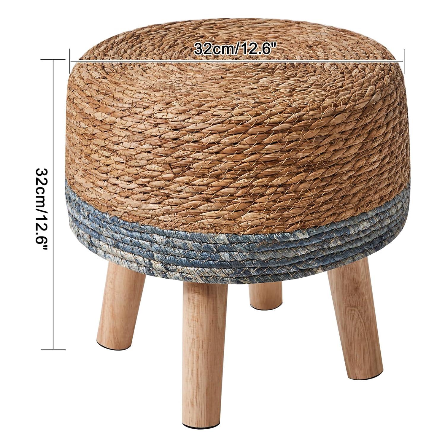 YMYNY Foot Stool Natural Seagrass Hand Weave, 12.6" Small Ottoman, Round Footrest for Living Room, Bedroom, Entryway, Change Shoes Stool, Non-Skid Wood Legs, Boho, Blue+White UHBD027QW