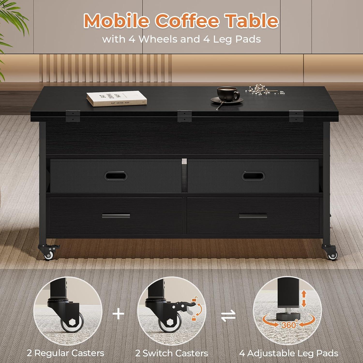 Black Square Lift-Top Coffee Table with Storage and Power Outlet