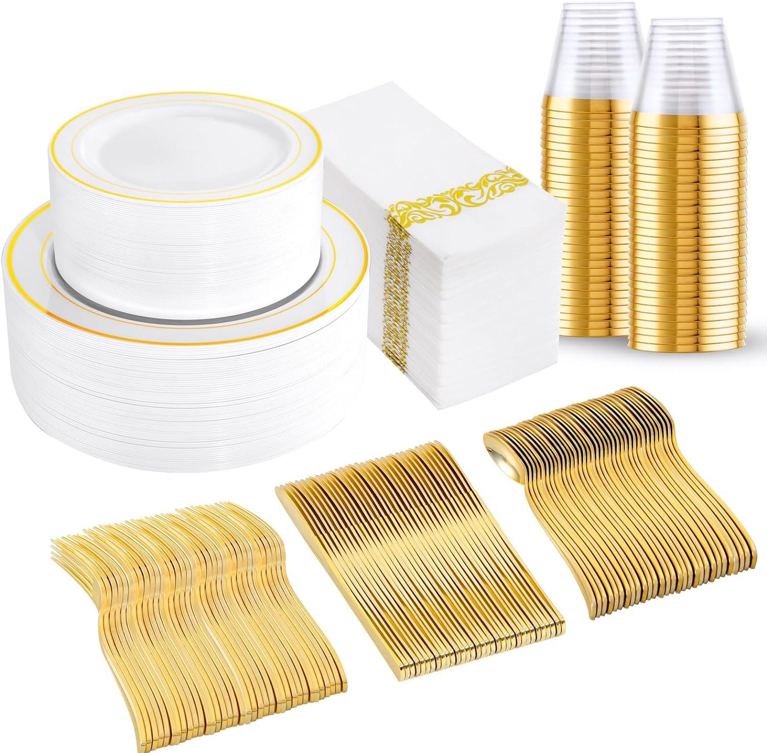 FOCUSLINE 350 Piece Gold Rim Dinnerware Set, Disposable Plastic Plates for Party or Wedding-100 Plastic Plates-50 Plastic Silverware-50 Plastic Cups-50 Linen Feel Napkins(50 Guest)