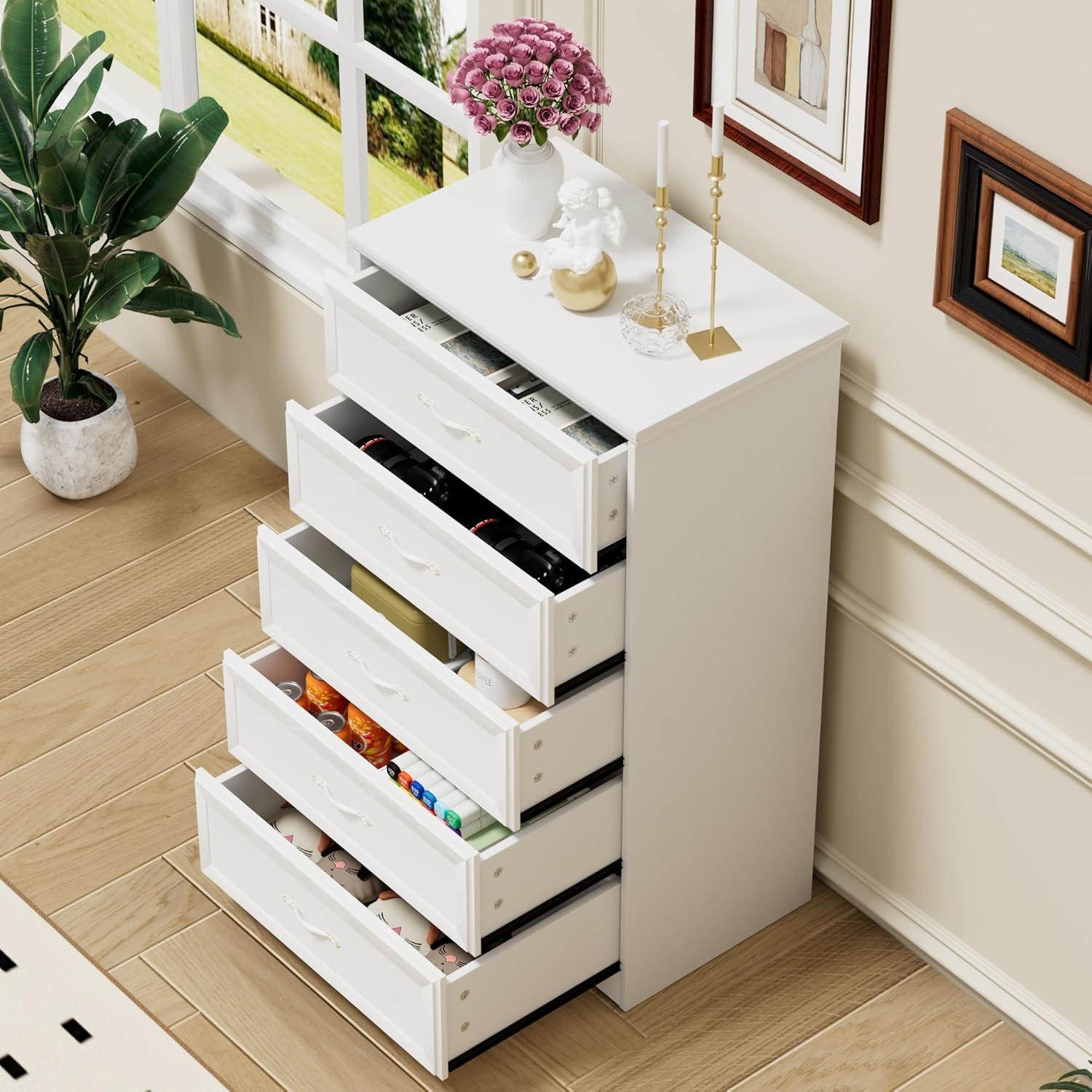 White Laminated 5-Tier Space-Saving Chest of Drawers