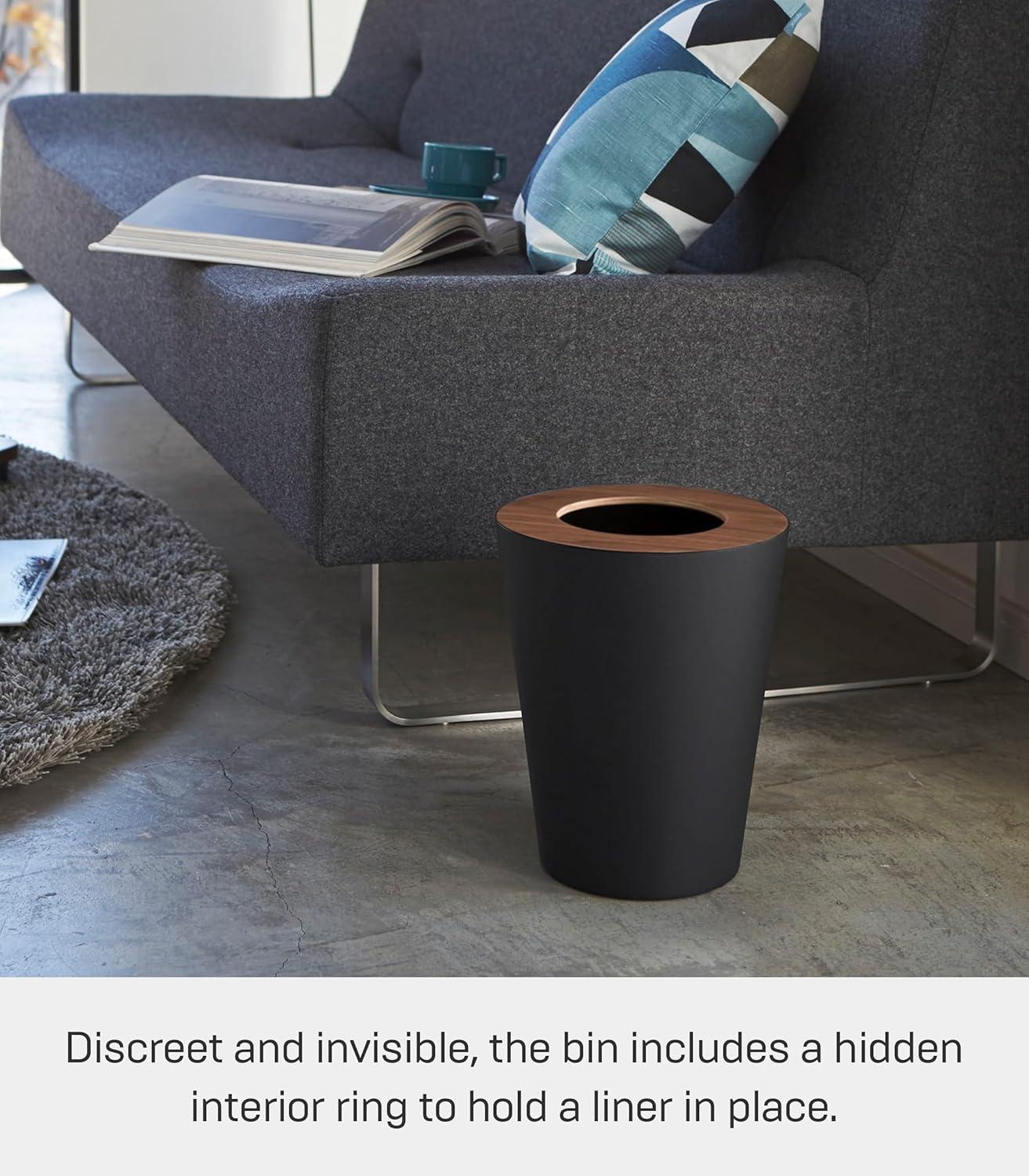 Rin Yamazaki Home Round Trash Can, 1.85 gallon Wastebasket Bathroom Kitchen Office, Steel + Wood