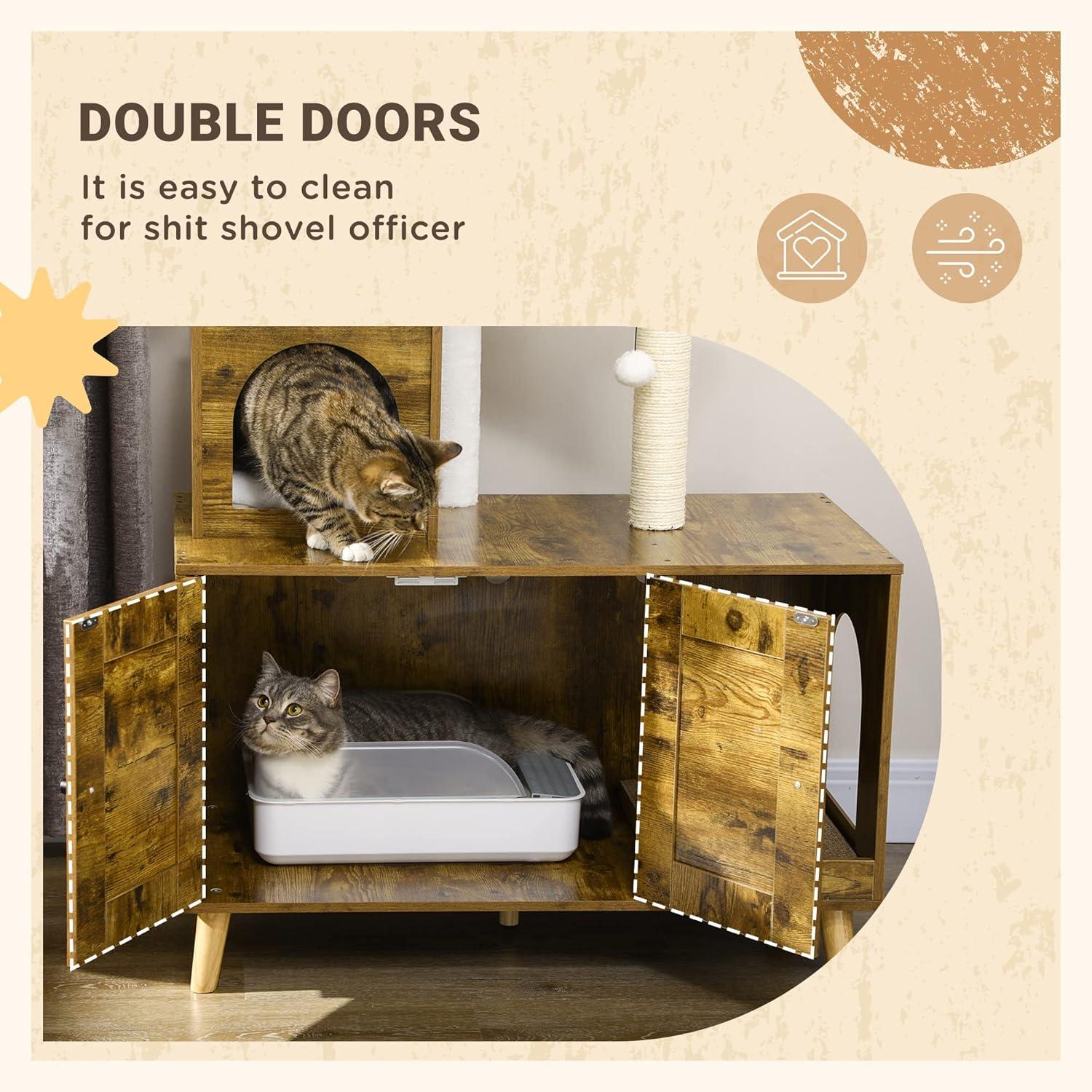 PawHut Cat Tree with Litter Box Enclosure, 2-in-1 Cat Tower Litter Box Furniture Indoor, Cat Condo with Hammock, Scratching Posts Pad, Rustic Brown