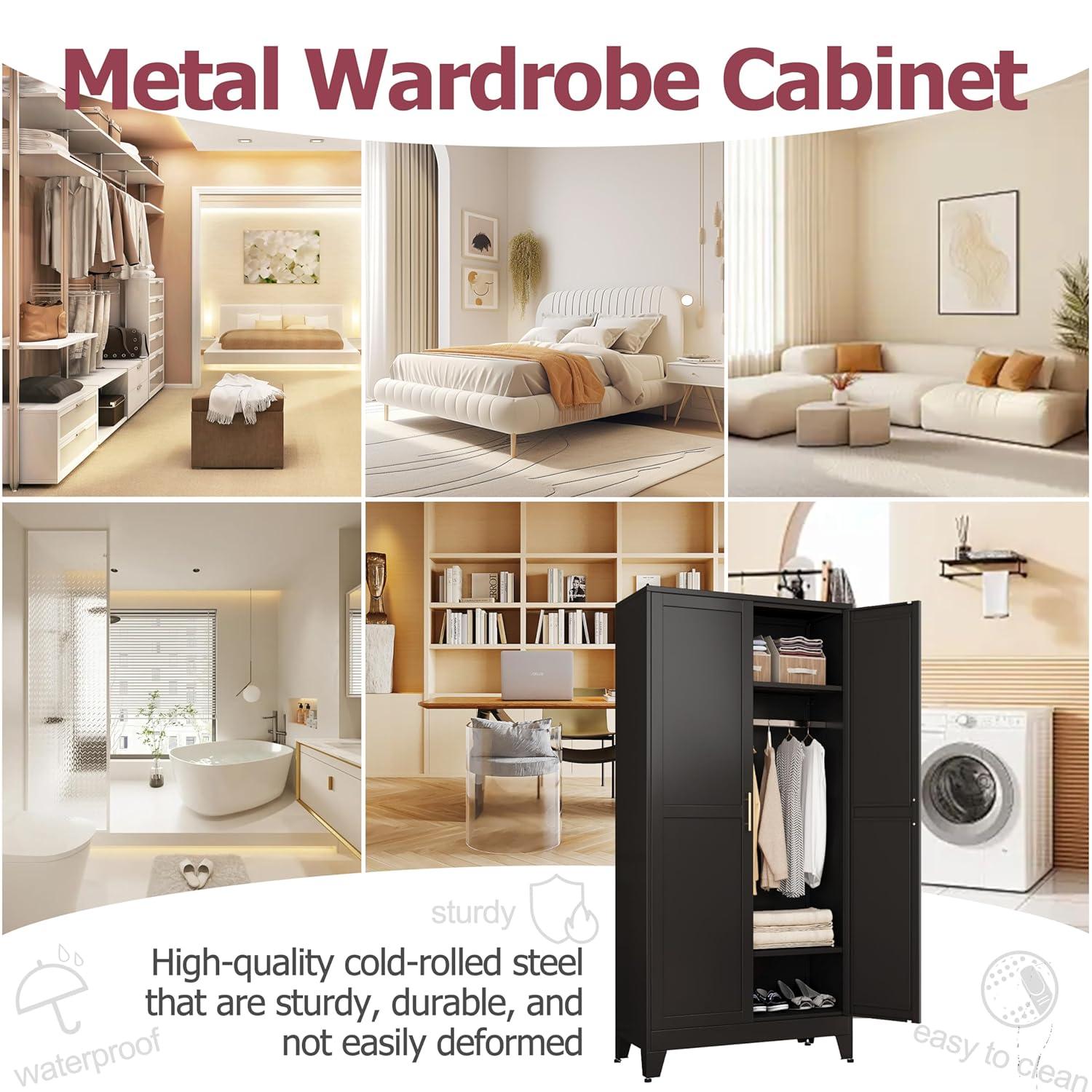 Metal Wardrobe Cabinet with Hanging Rod, 71" Metal Clothing Storage Cabinets with 2 Doors and Adjustable Shelves, Black Armoire Wardrobe Closet for Bedroom, Laundry Room, Cloak Room