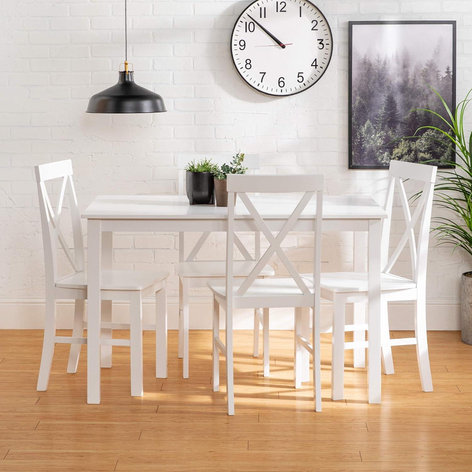 Farmhouse White 5-Piece Solid Rubberwood Dining Set with X-Back Chairs