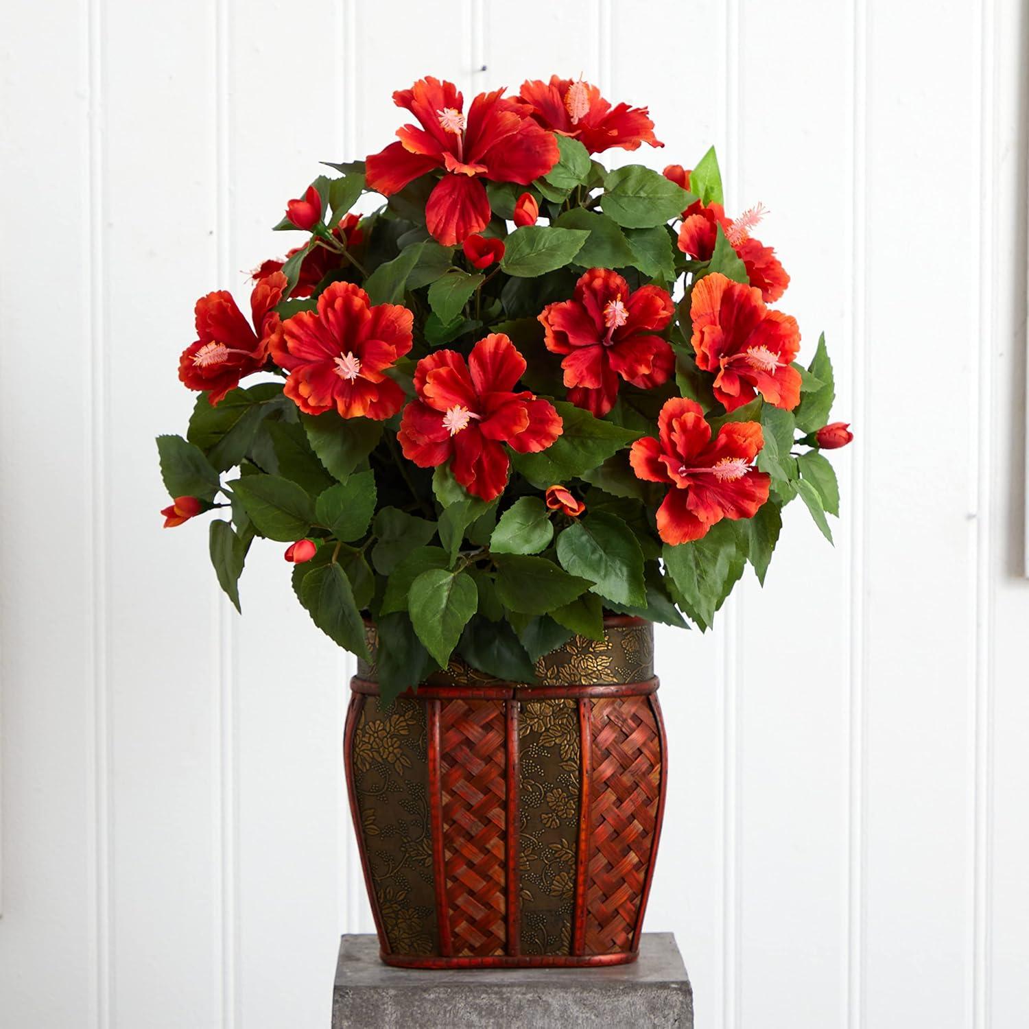 Red Silk Hibiscus with Vase 30" Tabletop Decor