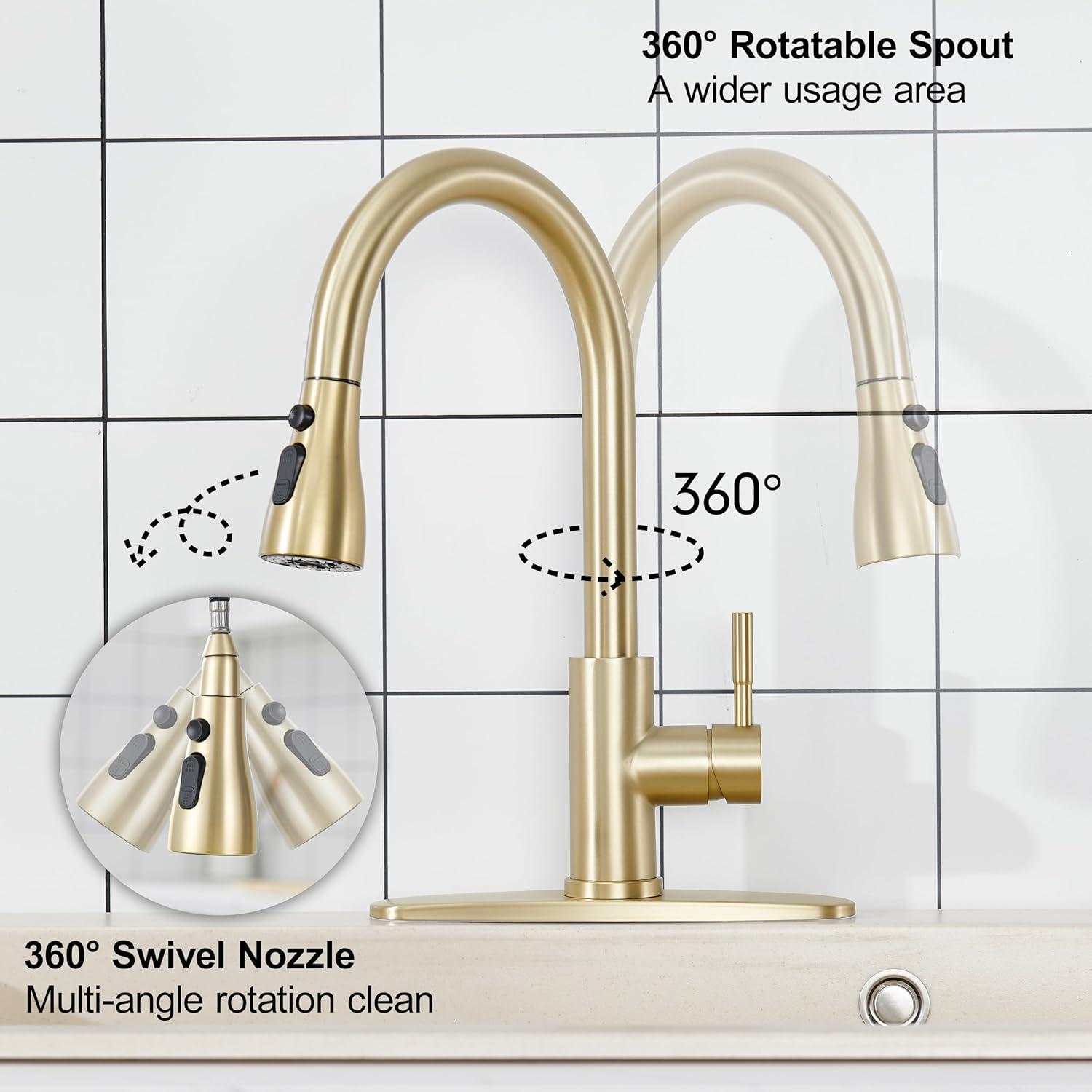 Single Handle Pull Down Sprayer Kitchen Faucet High Arc Stainless Steel Faucet with 3-Function Sprayer