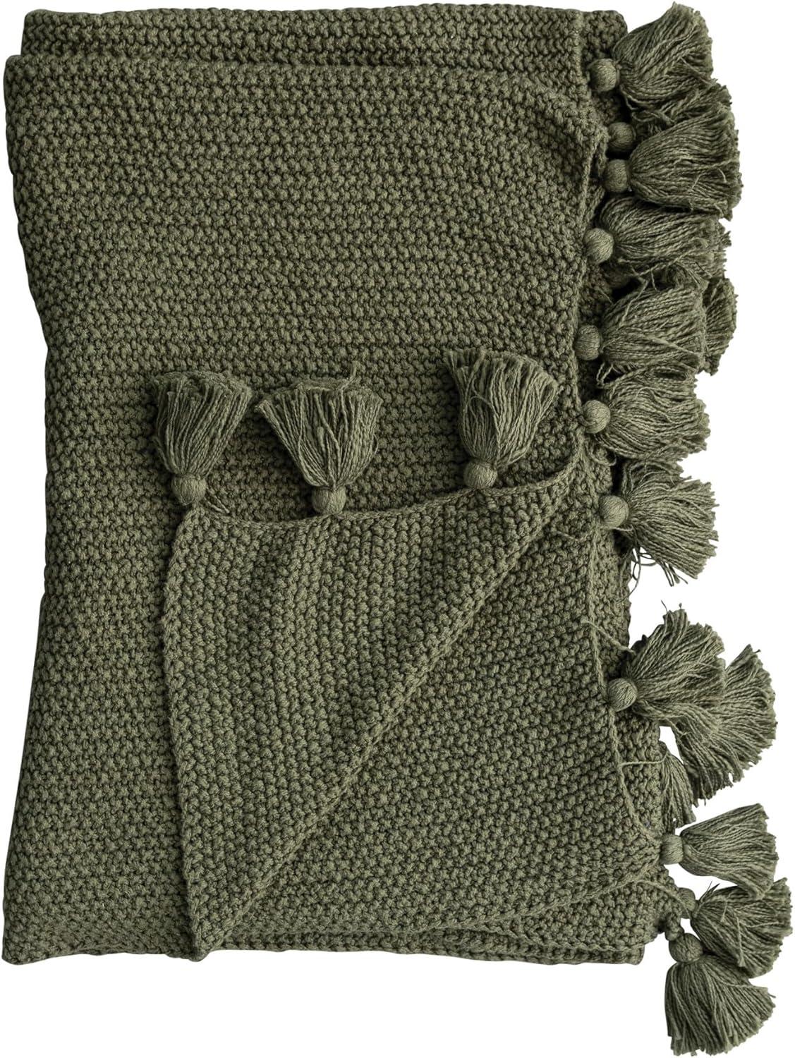 Olive Green Cotton Knit Throw Blanket with Tassels