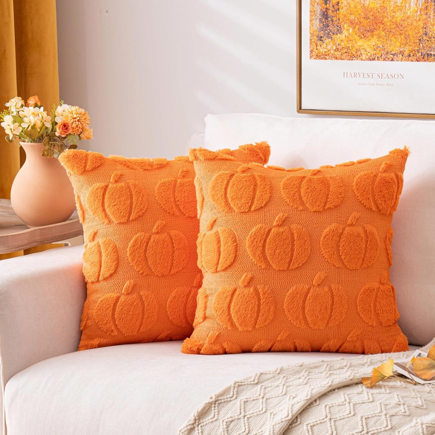 Orange Pumpkin Pattern Plush Euro Pillow Covers, Set of 2