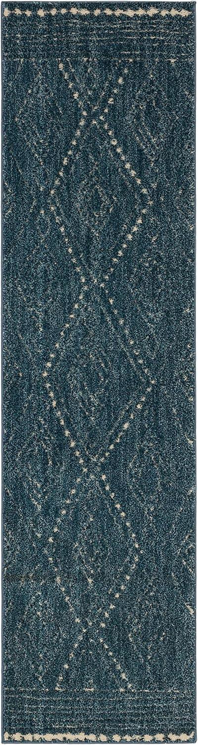 Blue Geometric Shag Runner Rug, 2' x 8'