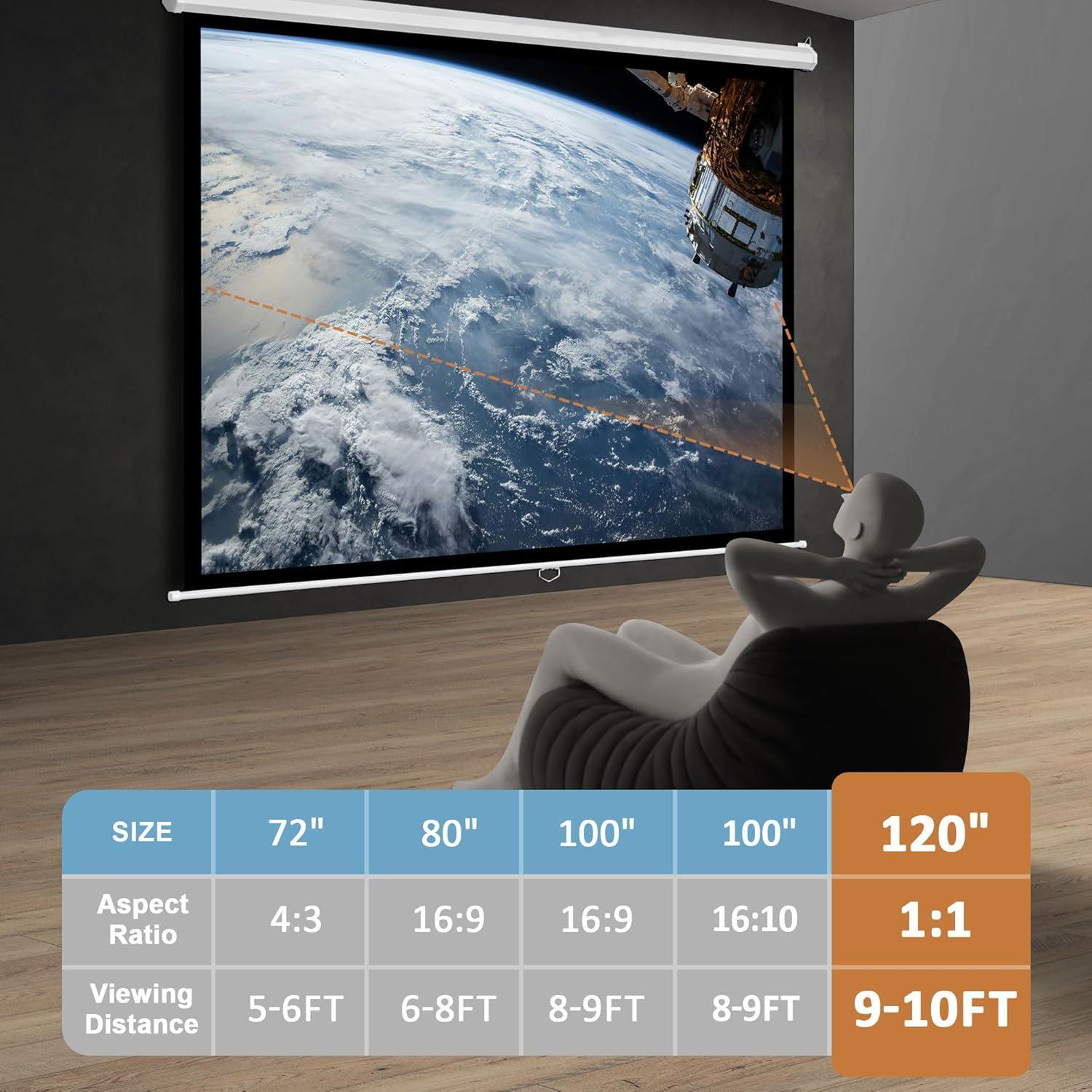 SUPER DEAL 120'' Projector Screen, Retractable Projection Screen Manual Pull Down HD Screen 1:1 Format for Home Cinema Theater Presentation Education Outdoor Indoor Public Display