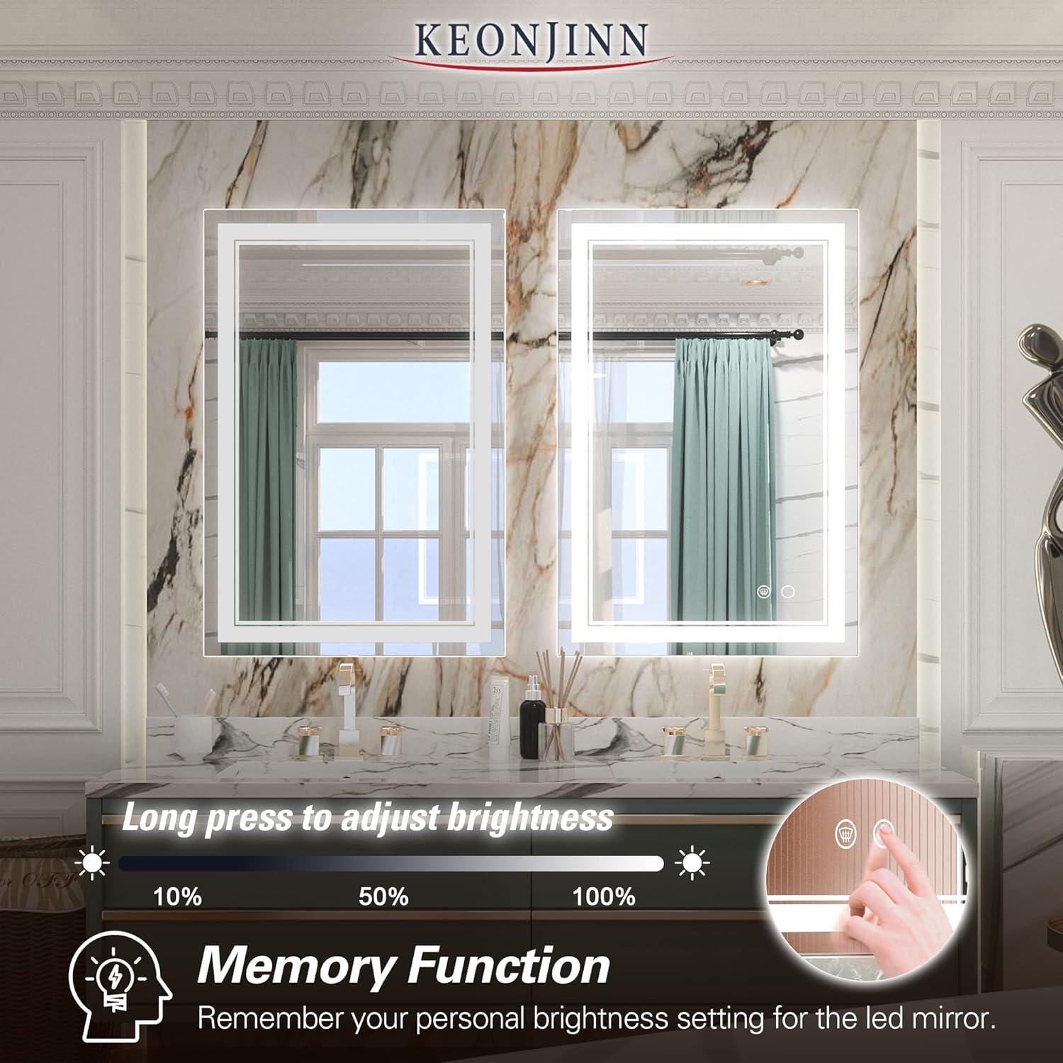 Keonjinn LED Bathroom Vanity Mirror, Front Light & Backlit, 3 Color Temperatures, Anti Fog, Double Lights Strips, 24"x32"