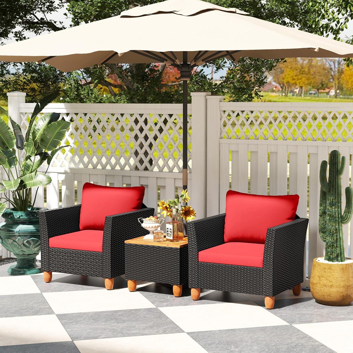 Tangkula 3PCS Patio Rattan Conversation Set Outdoor Furniture Set w/ Red Cushions