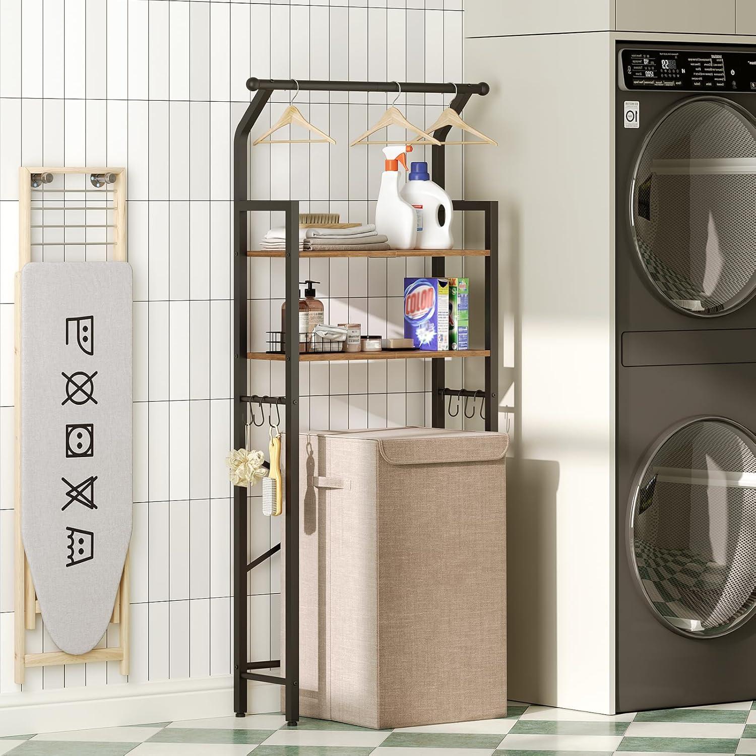 Over The Toilet Storage, 2-Tier Bathroom Organizer Shelves with Hooks, Multifunctional Vertical The Toilet Shelf Storage Rack for Bathroom, Rustic Brown and Black TR01BR