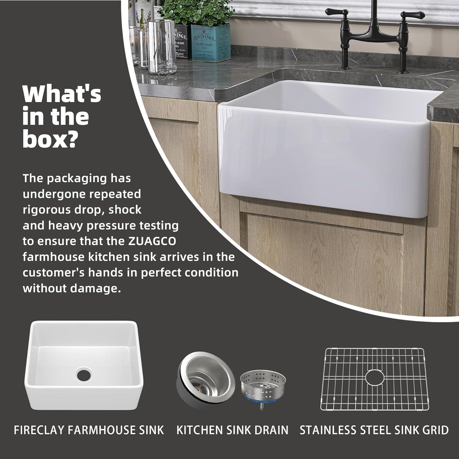 Small Farmhouse Sink 24 X18 White Fireclay Undermount Kitchen Sinks Deep Single Bowl Drop in Modern Apron Front Farm Sink For Kitchen with Protective Bottom Grid and Strainer