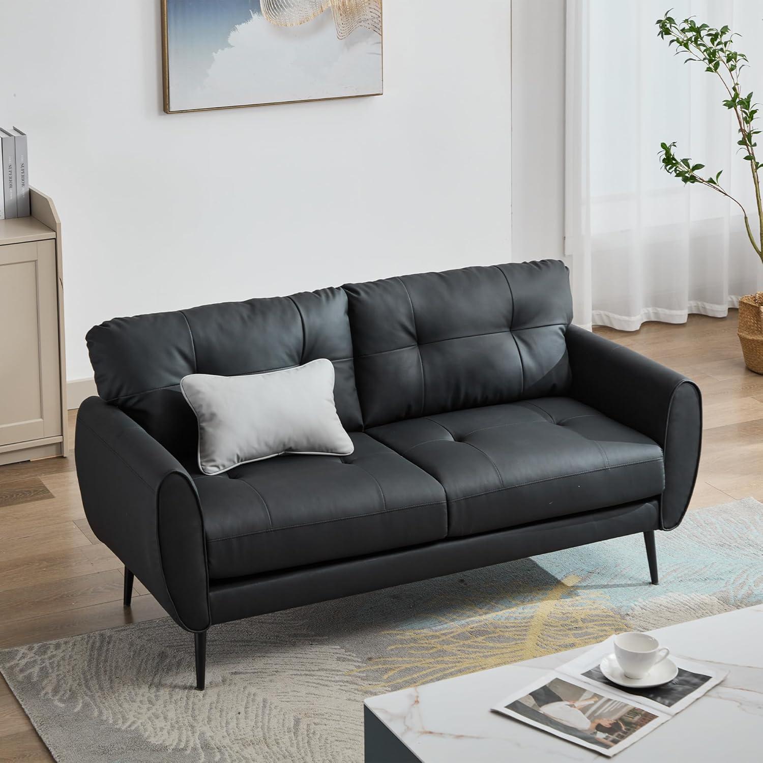 Black Faux Leather Tufted Loveseat with Solid Wood Frame