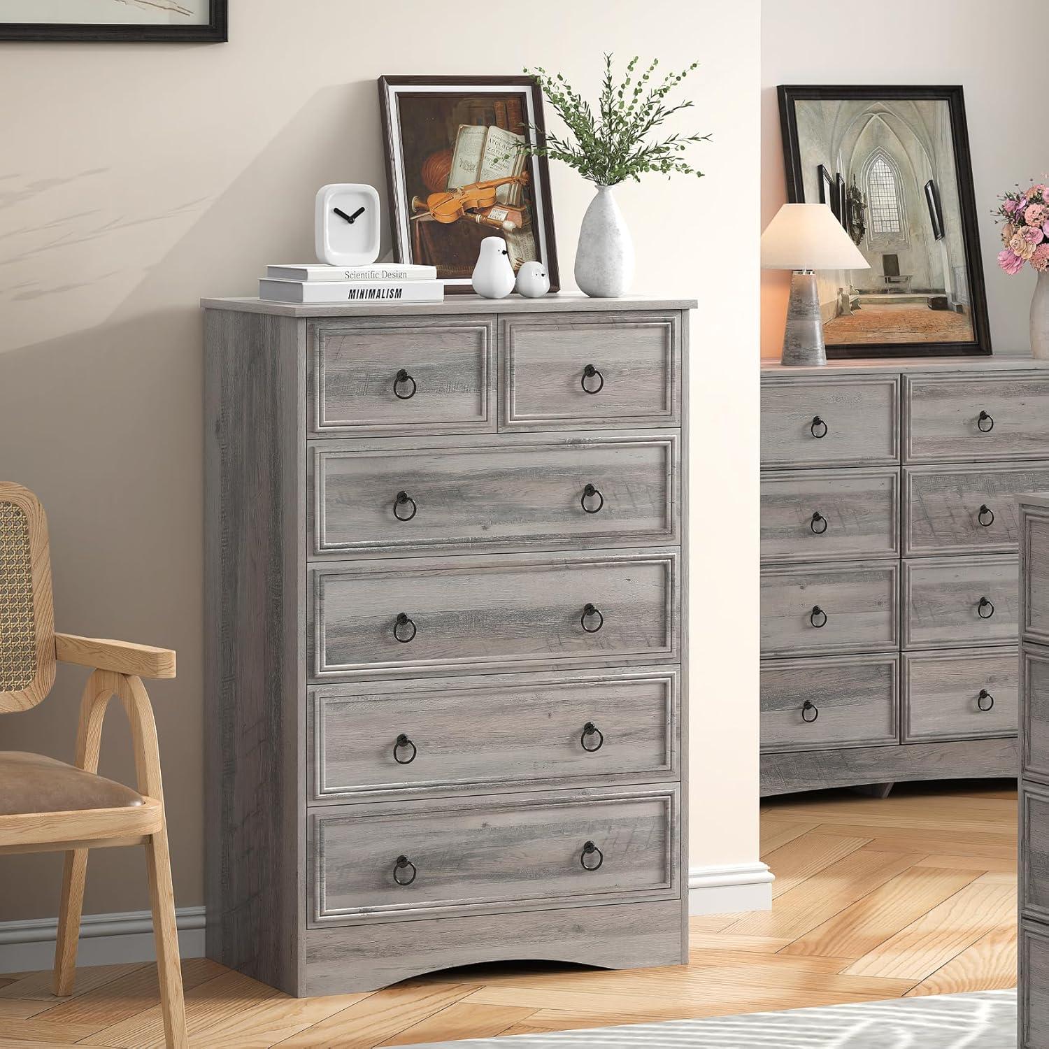 LGHM Modern 6 Drawer Dresser, Dressers for Bedroom, 44.33" Tall Chest of Drawers Closet Organizers & Storage Clothes - Easy Pull Handle, Textured Borders Living Room, Hallway, Gray