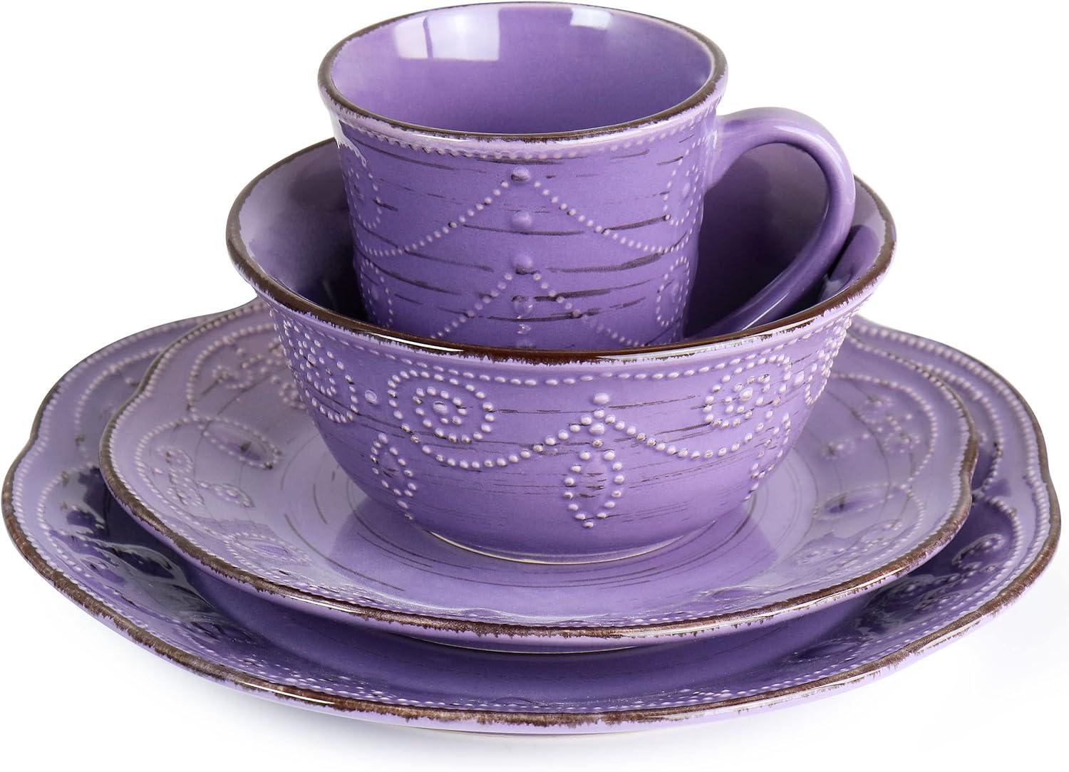 Elama Rustic Birch 16 Piece Stoneware Dinnerware Set in Purple