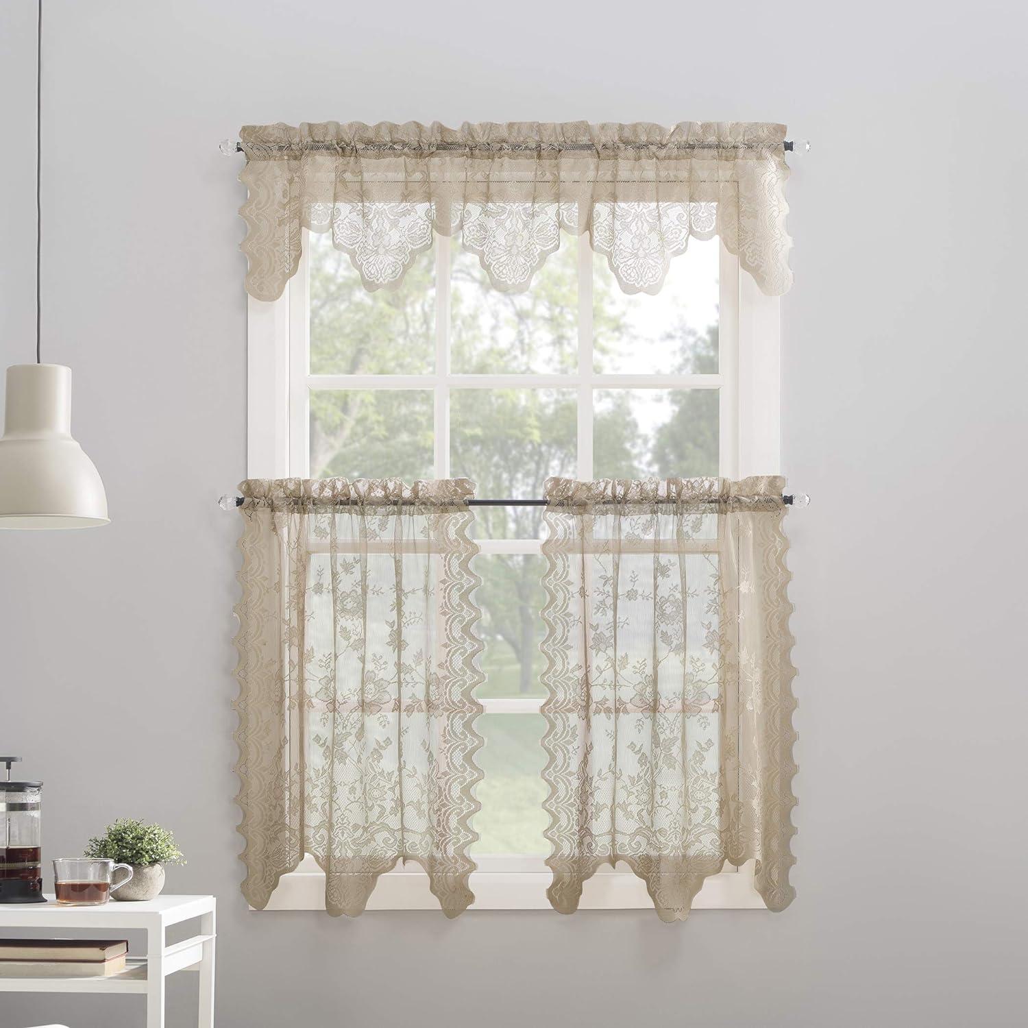 2pc 58"x24" No. 918 Sheer Alison Floral Lace Rod Pocket Kitchen Curtain Tier Pair Beige: Kitchen Window Curtains