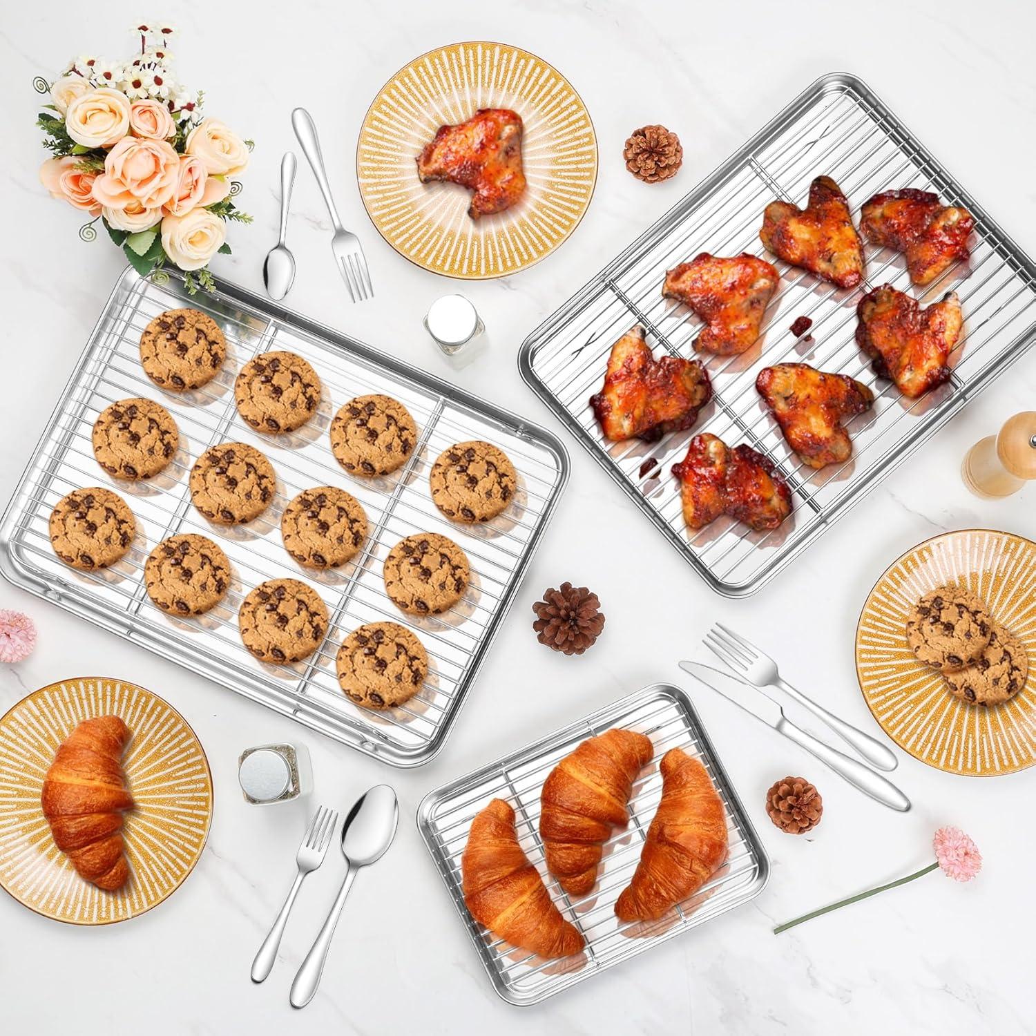 P&P CHEF Baking Sheet and Rack Set, 6 PACK (3 Sheets 3 Racks), Stainless Steel Baking Cookie Sheets Pans with Cooling Rack for Baking and Roasting, Oven & Dishwasher Safe 16"+12.5"+9" (3 Pans+3 Racks)