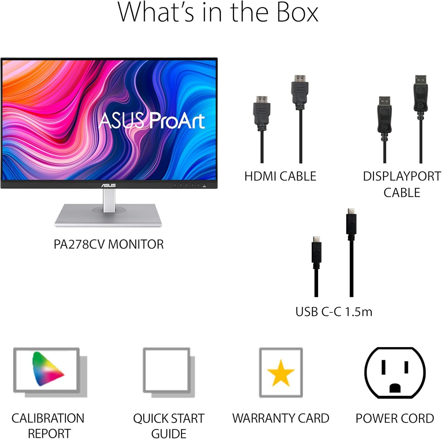 ASUS ProArt PA278CV Professional Monitor – 27", IPS, QHD (2560 x 1440), 100% sRGB, 100% Rec. 709, Color Accuracy ΔE < 2, Calman Verified, USB-C, DisplayPort Daisy-chaining, ProArt Preset,  Ergo Stand